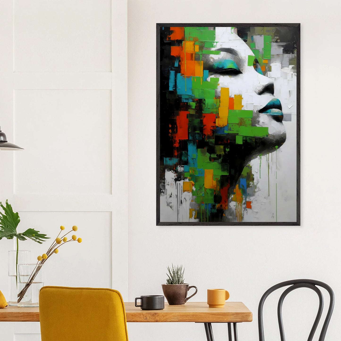 Visage en Éclats Verts — tableau encadré bois — vue 18 — art mural STNCL