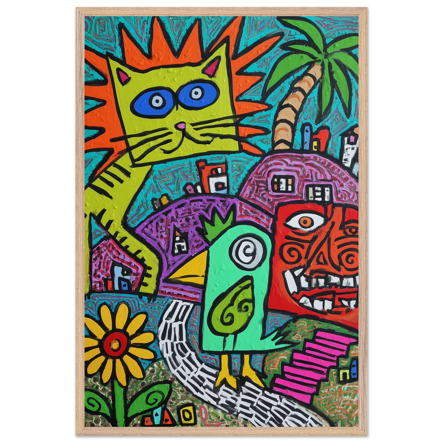 La Fête du Chat Solaire — tableau encadré bois — vue 5 — art mural STNCL