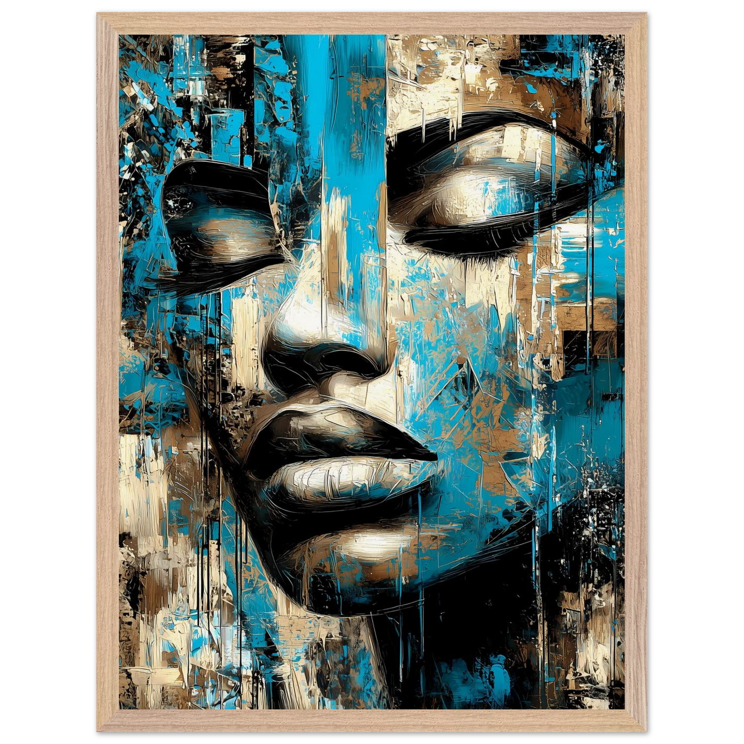 Bleu et Or — tableau encadré bois — vue 3 — art mural STNCL