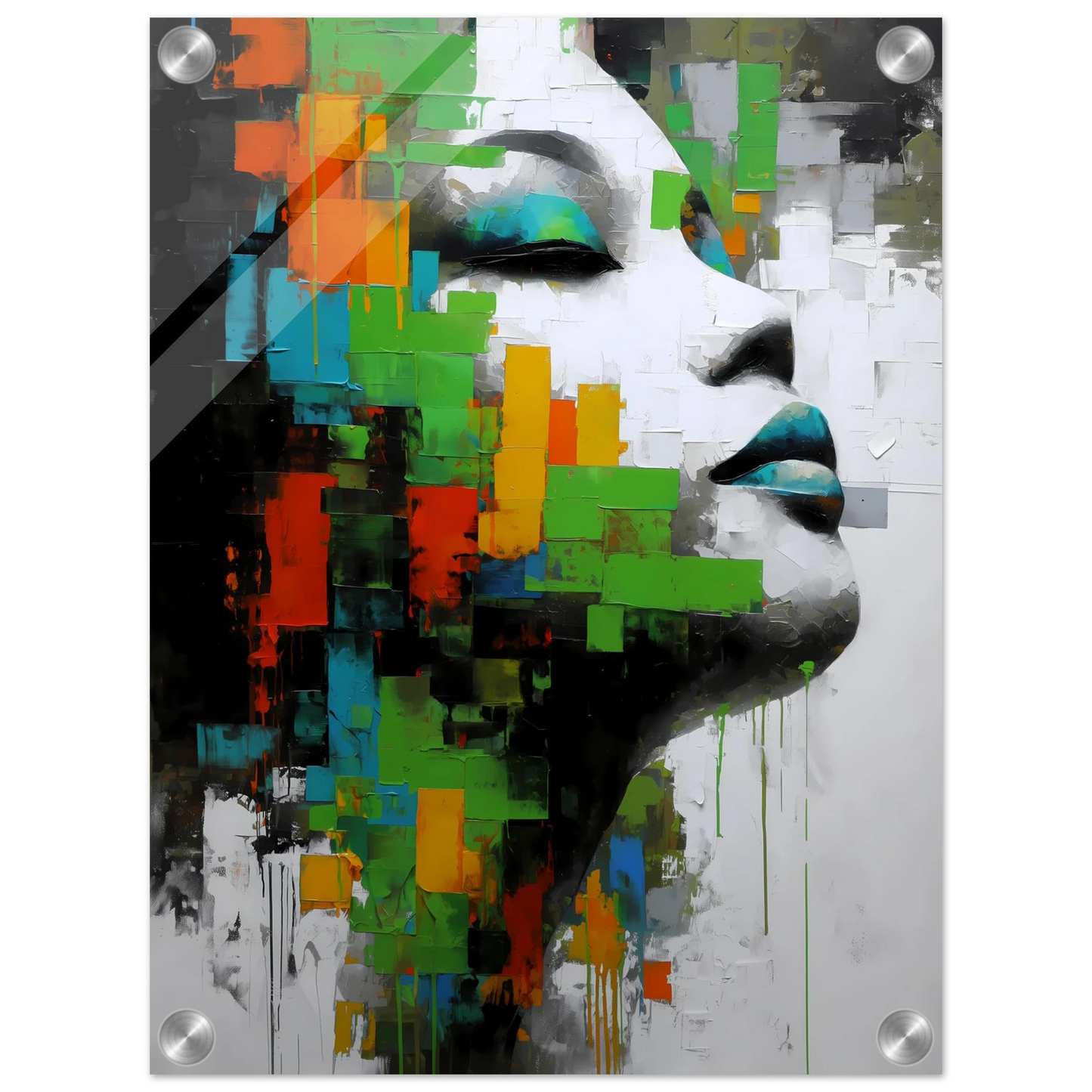 Visage en Éclats Verts — tableau plexiglas — vue 3 — art mural STNCL