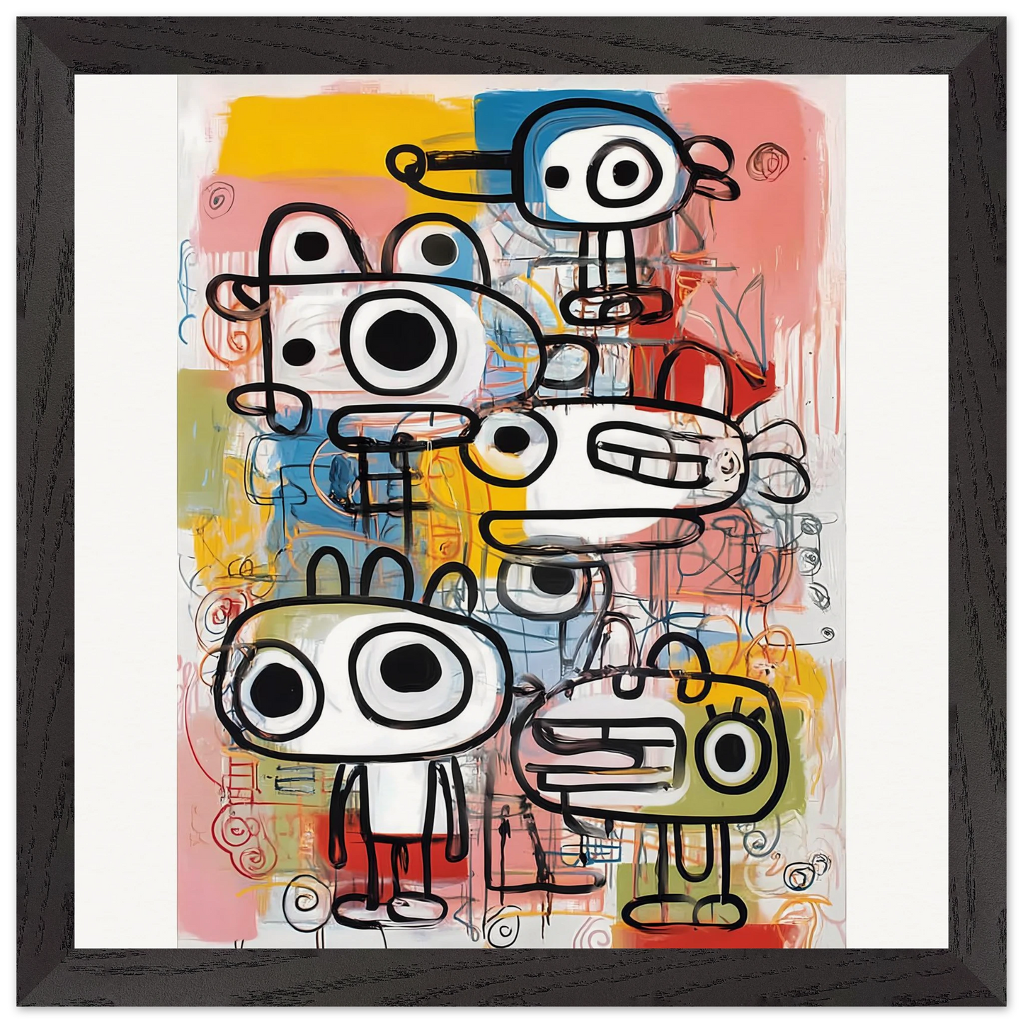 Les Cinq Curieux — tableau encadré bois — vue 2 — art mural STNCL