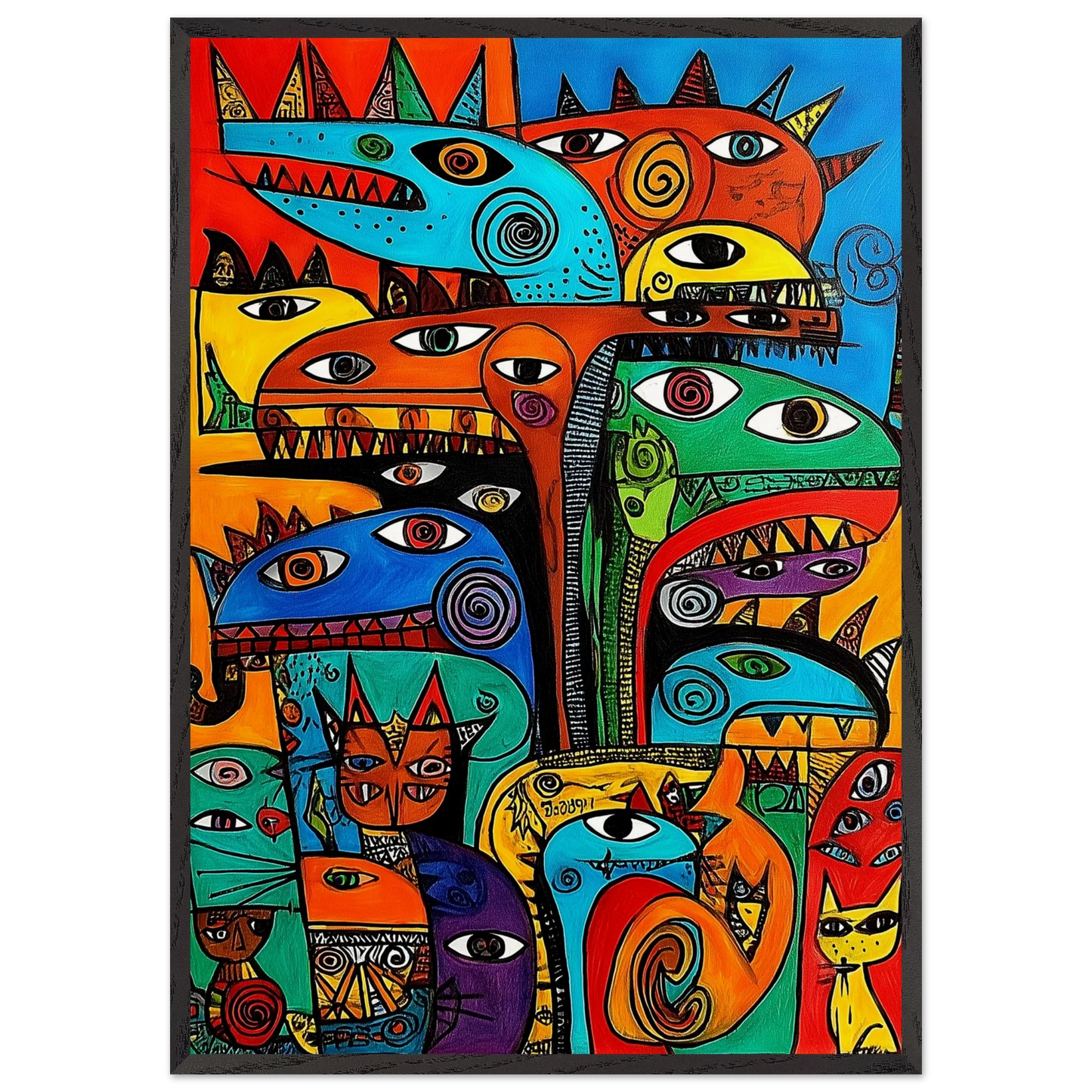 Chats Totems Colorés — tableau encadré bois — art mural STNCL