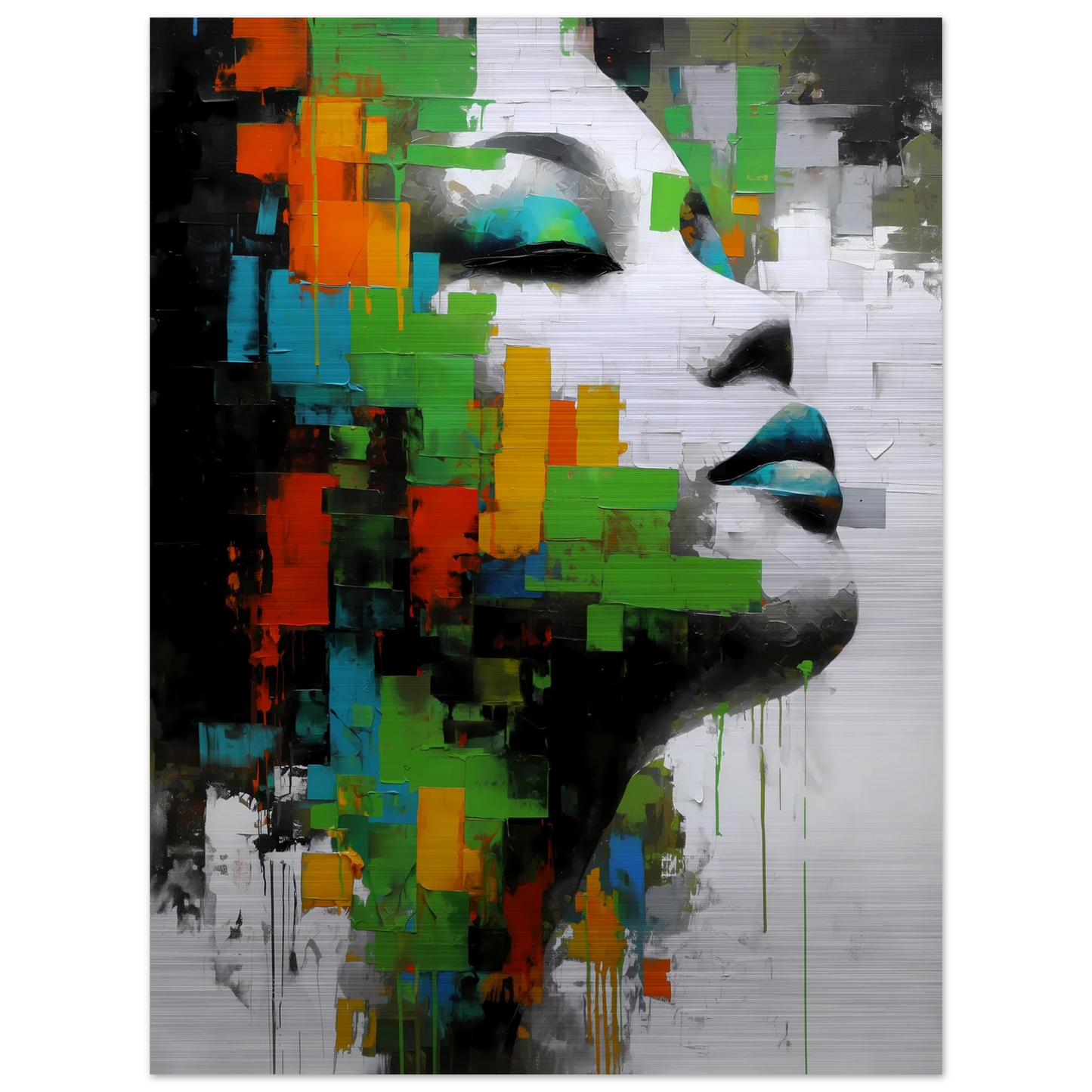 Visage en Éclats Verts — tableau aluminium — vue 2 — art mural STNCL