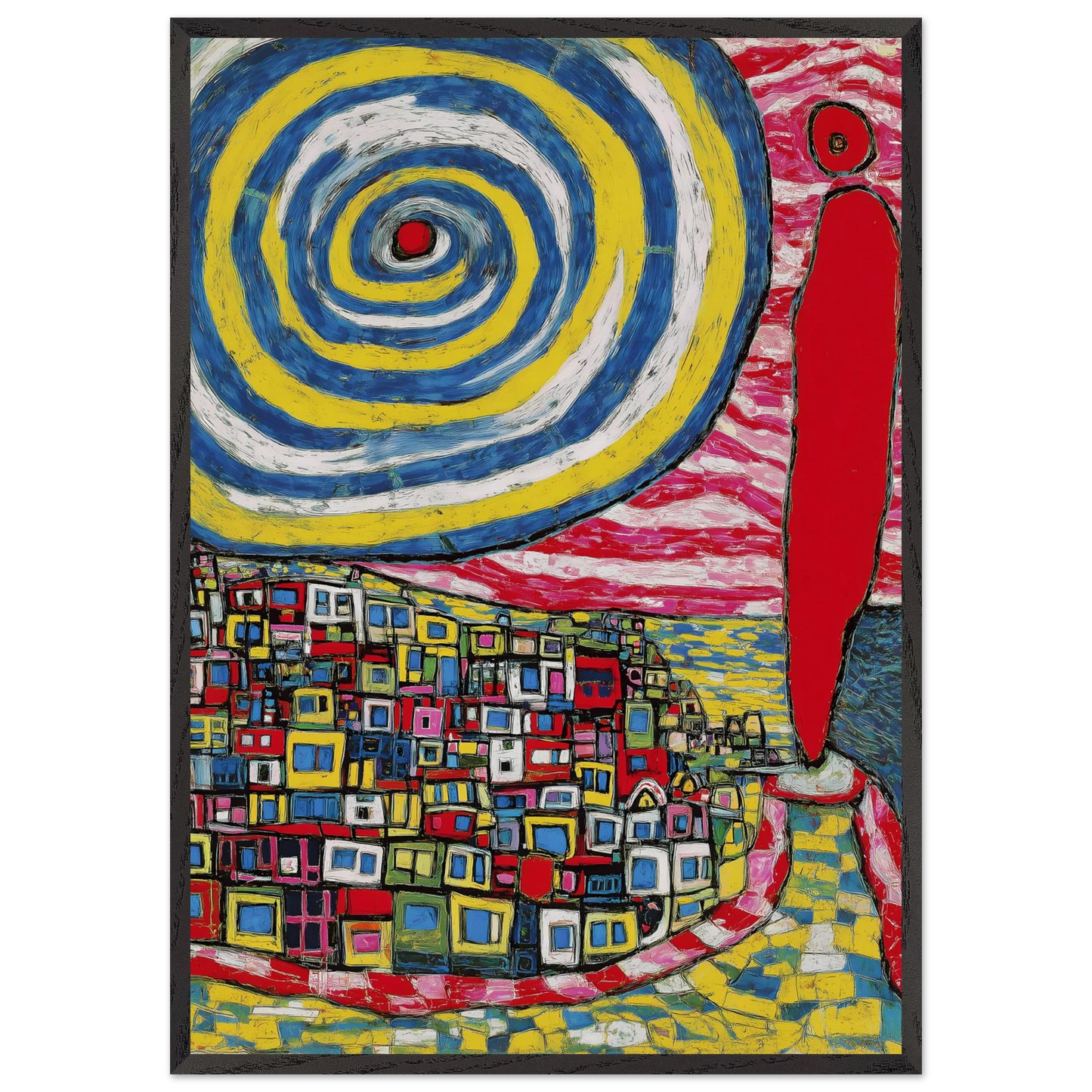 La Spirale et les Maisons — tableau encadré bois — art mural STNCL