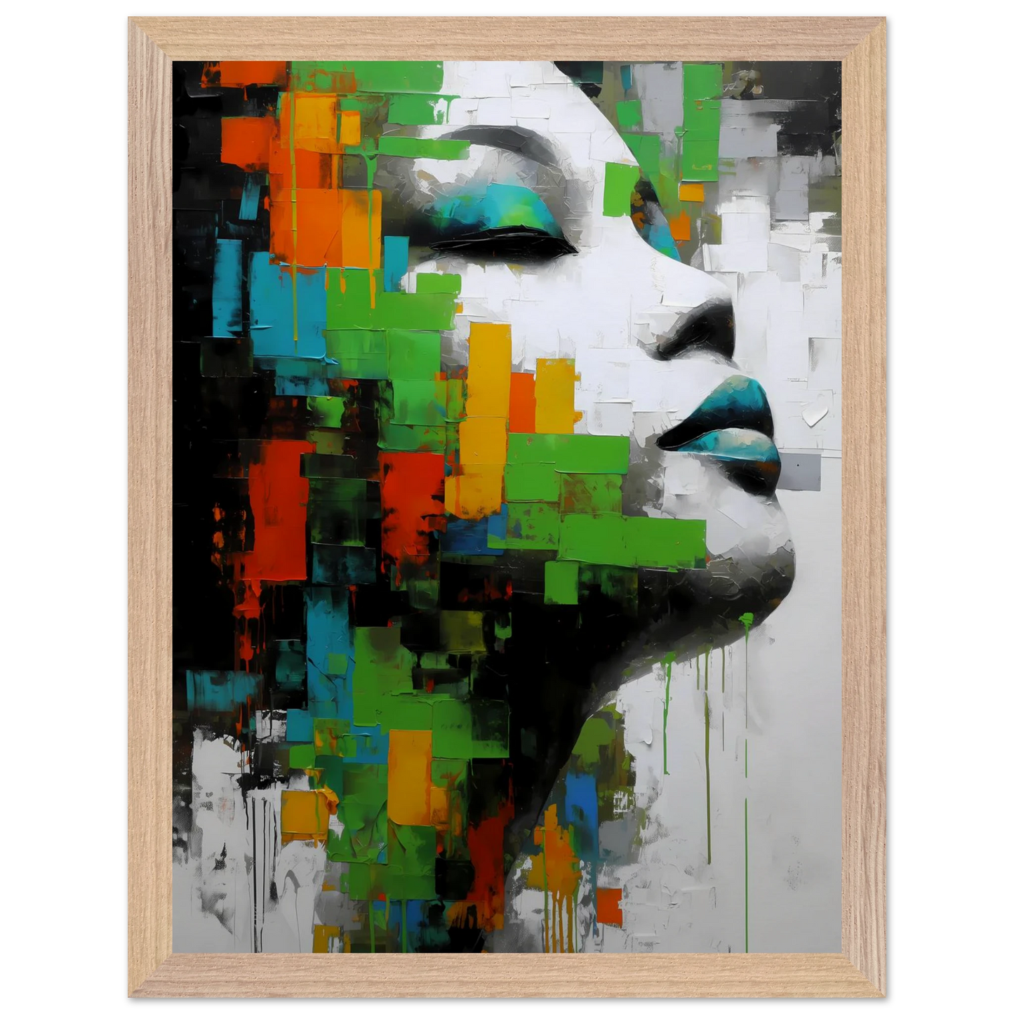 Visage en Éclats Verts — tableau encadré bois — vue 12 — art mural STNCL