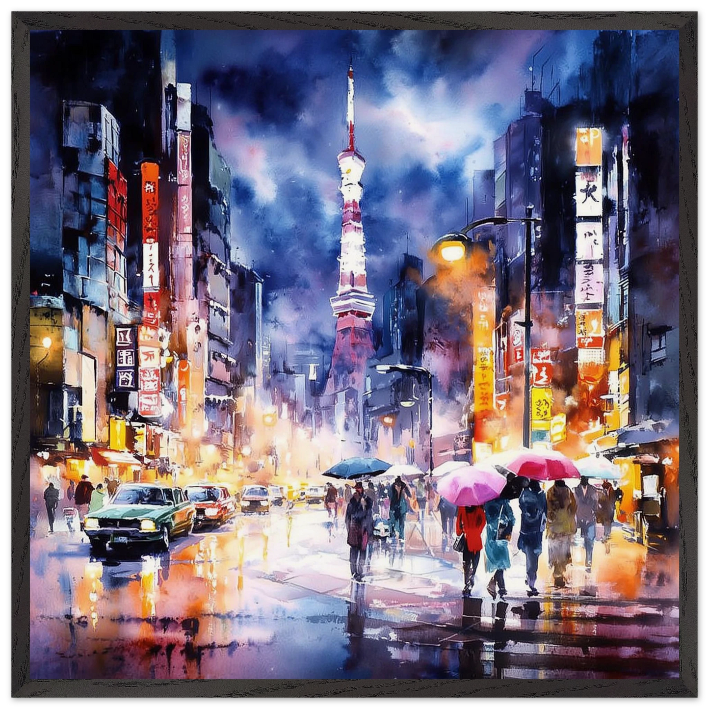 Tokyo sous la Pluie Nocturne — tableau encadré bois — art mural STNCL