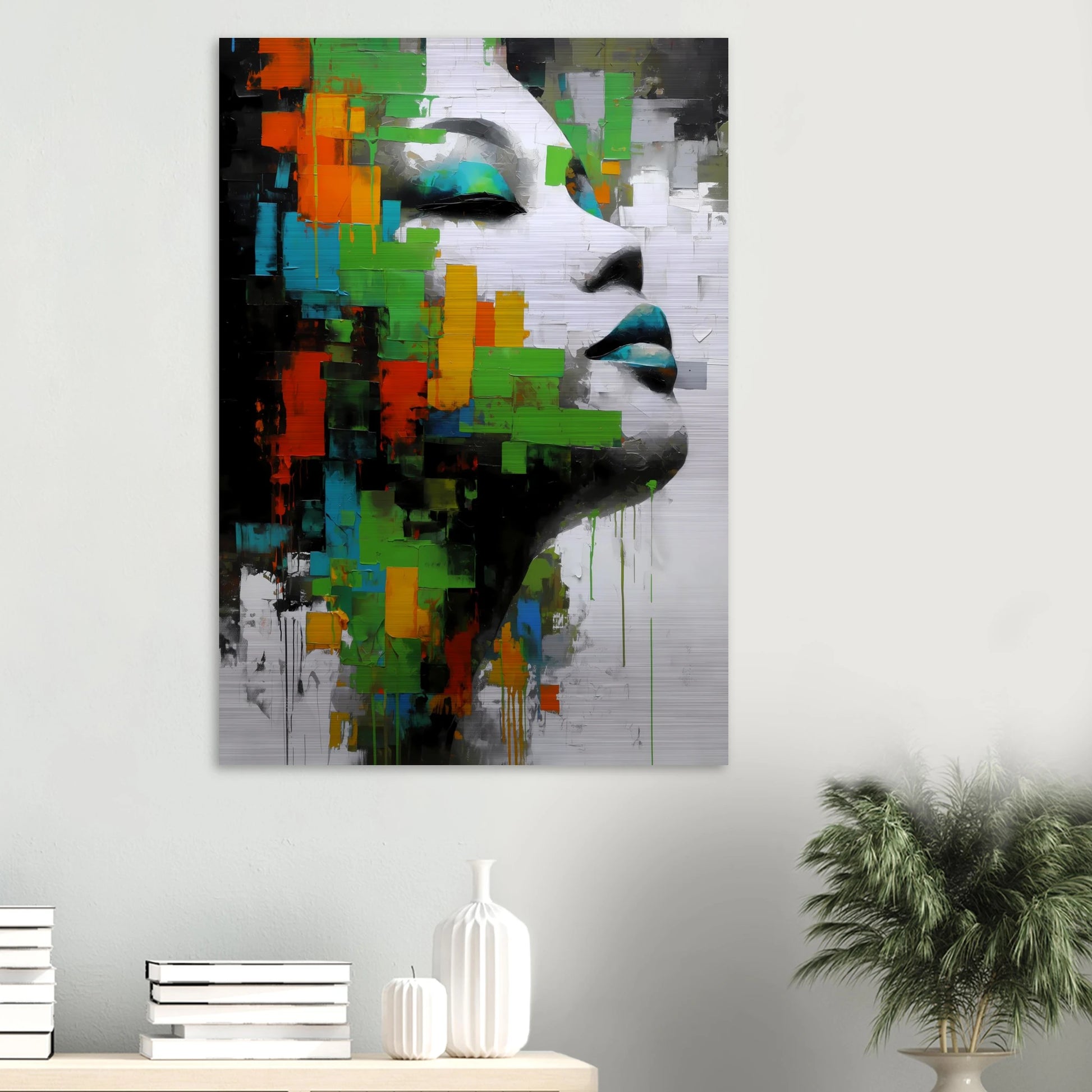 Visage en Éclats Verts — tableau aluminium — vue 6 — art mural STNCL