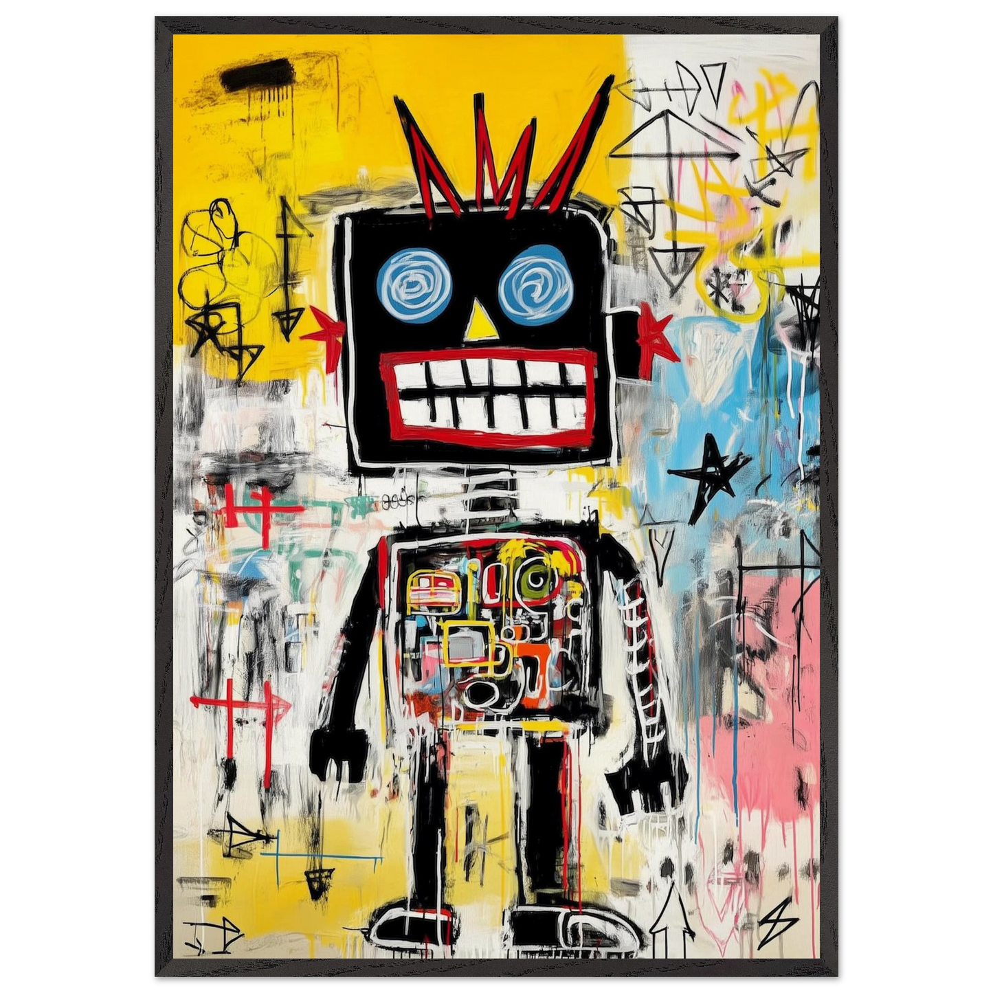 Robot Couronne Rouge Graffiti — tableau encadré bois — art mural STNCL