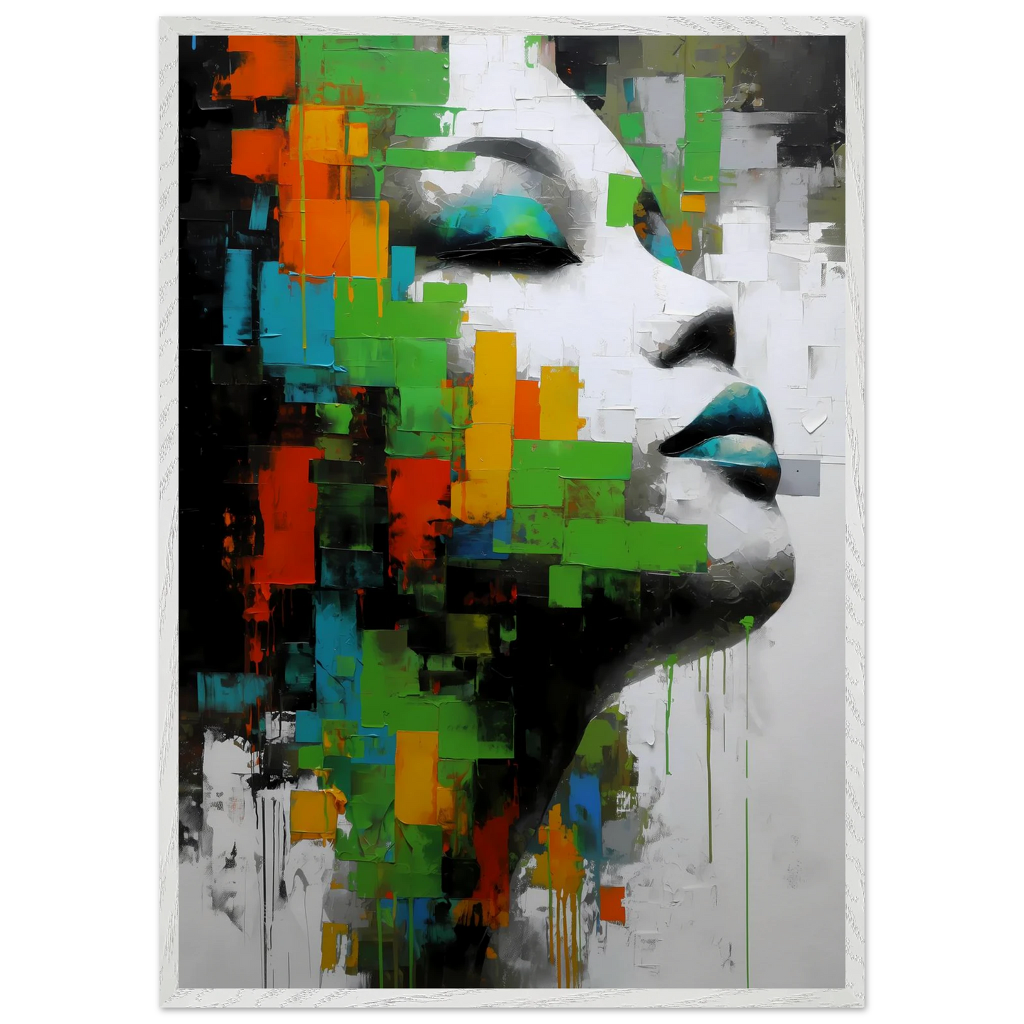 Visage en Éclats Verts — tableau encadré bois — vue 5 — art mural STNCL