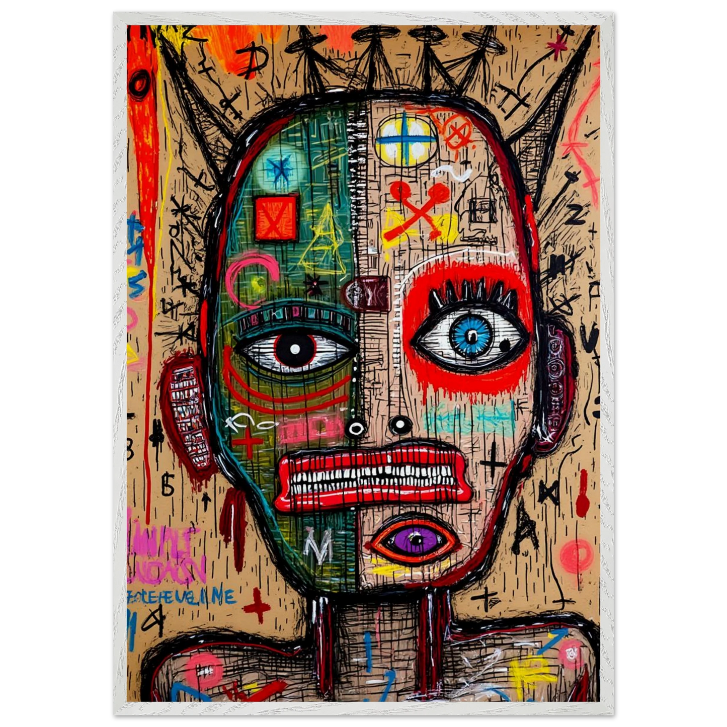 Visage Fragmenté Aux Symboles — tableau encadré bois — art mural STNCL