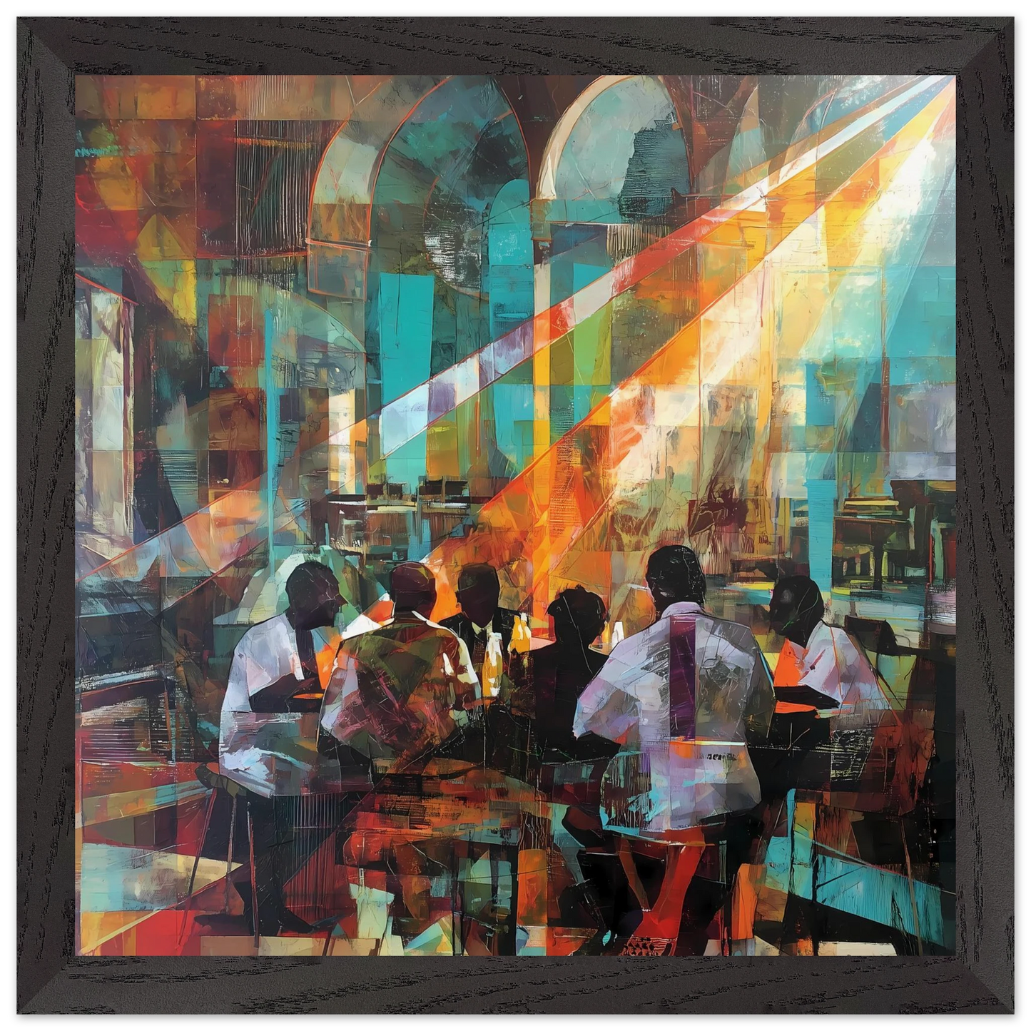 Rencontre au Café — tableau encadre bois — vue 2 — art mural STNCL