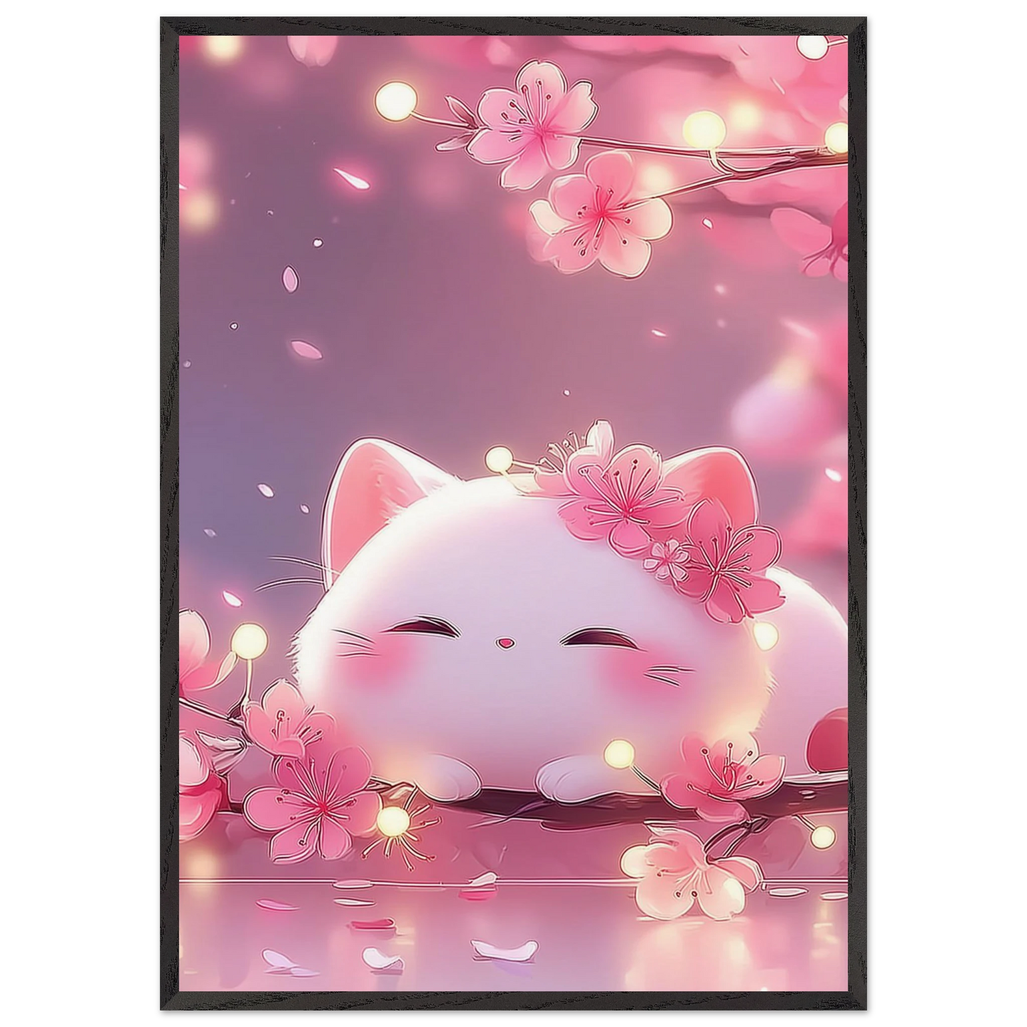 Chaton Sakura Endormi — tableau encadré bois — art mural STNCL