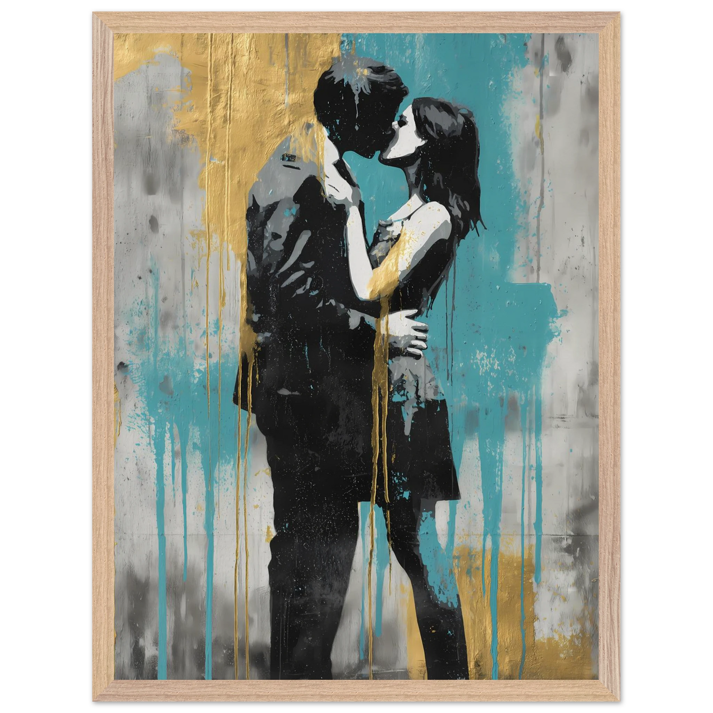 Baiser au Pochoir — tableau encadré bois — vue 3 — art mural STNCL