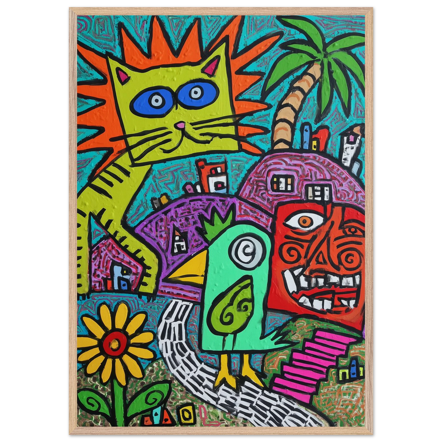 La Fête du Chat Solaire — tableau encadré bois — vue 3 — art mural STNCL