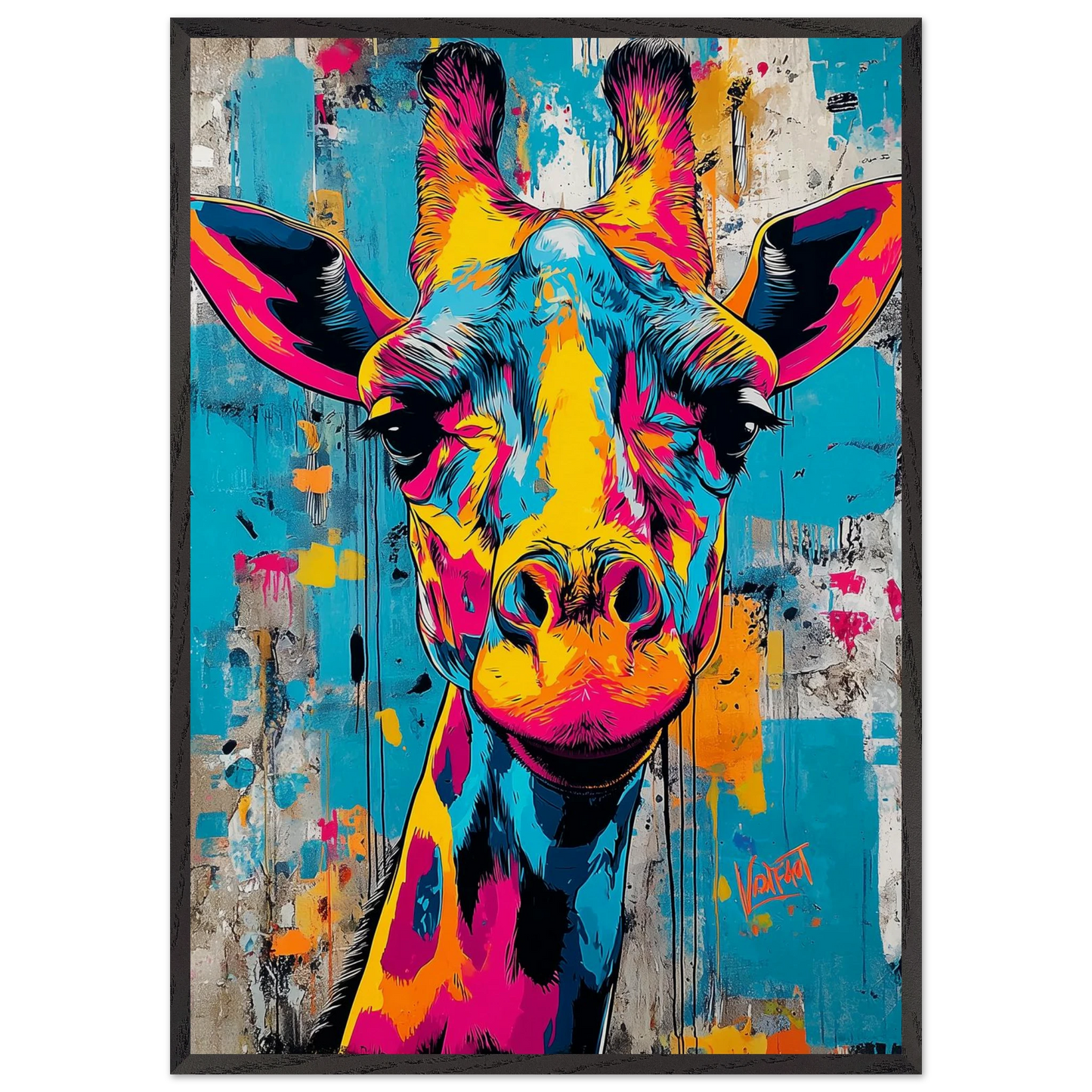 Girafe aux Mille Couleurs — tableau encadré bois — art mural STNCL