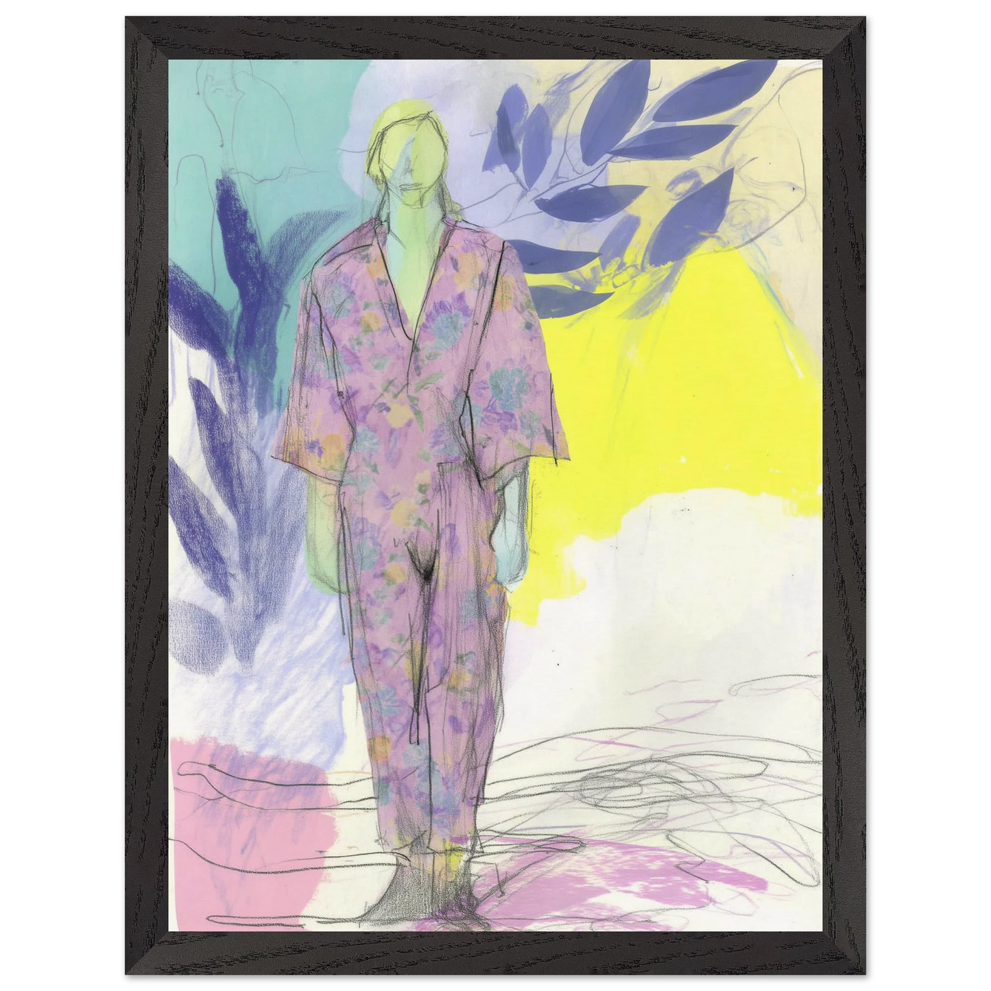 Kimono Fleuri sous les Feuilles — tableau encadré bois — vue 4 — art mural STNCL