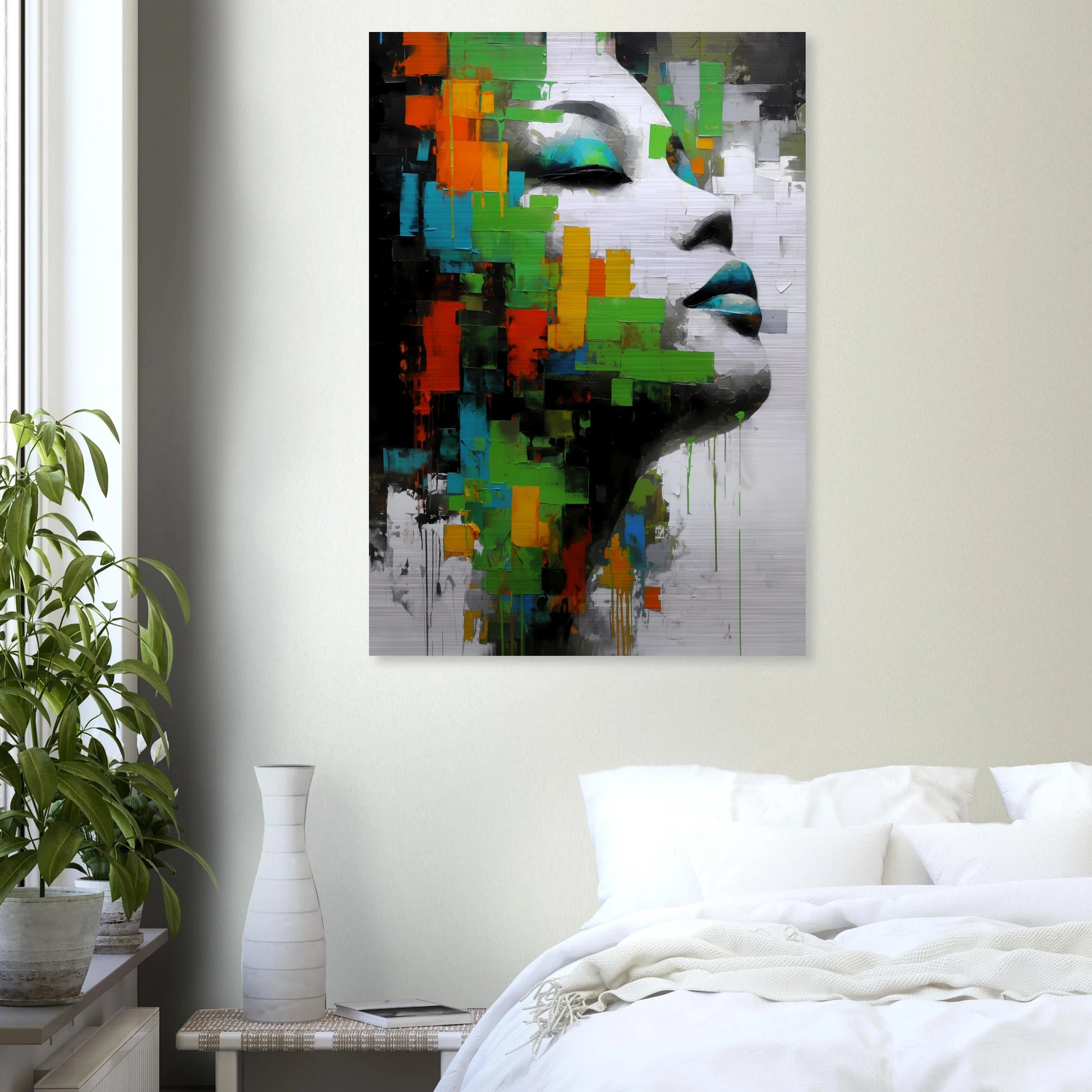 Visage en Éclats Verts — tableau aluminium — vue 7 — art mural STNCL