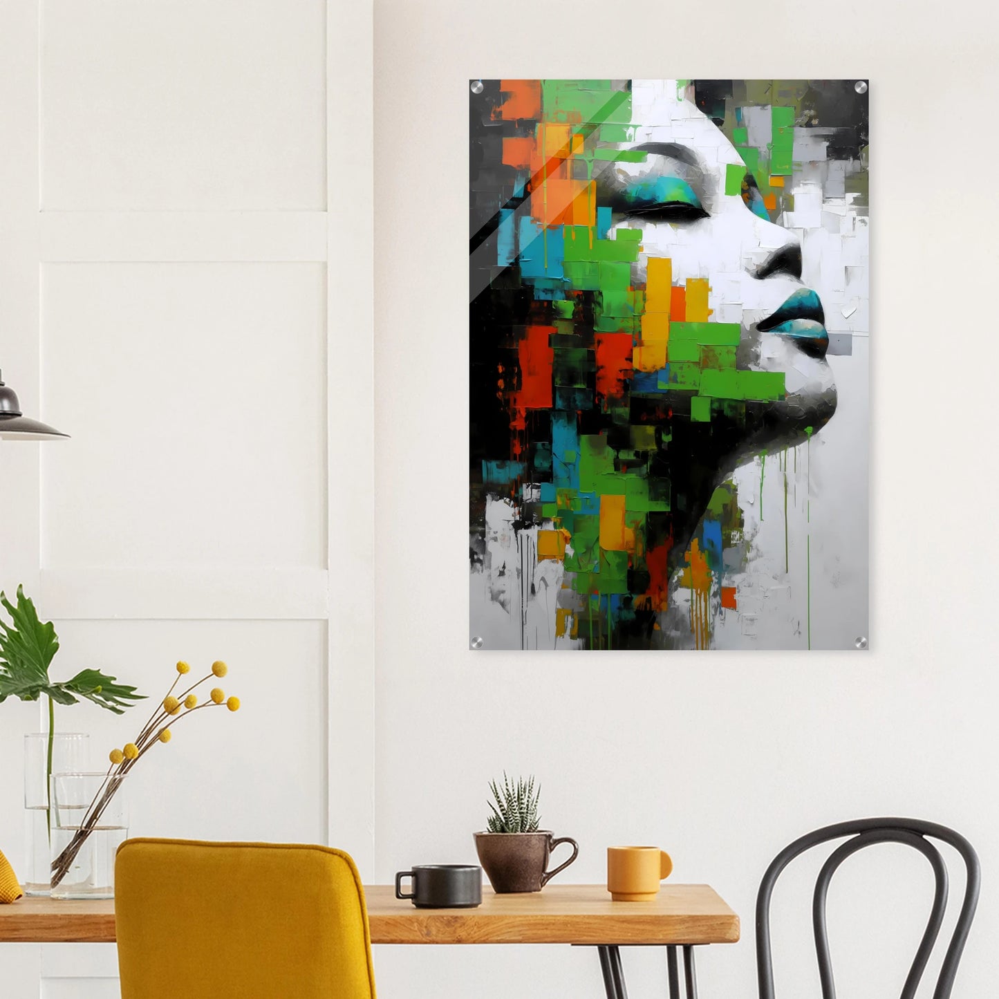 Visage en Éclats Verts — tableau plexiglas — vue 8 — art mural STNCL