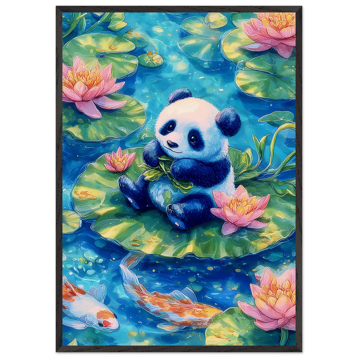 Panda sur Nénuphars Fleuris — tableau encadré bois — art mural STNCL