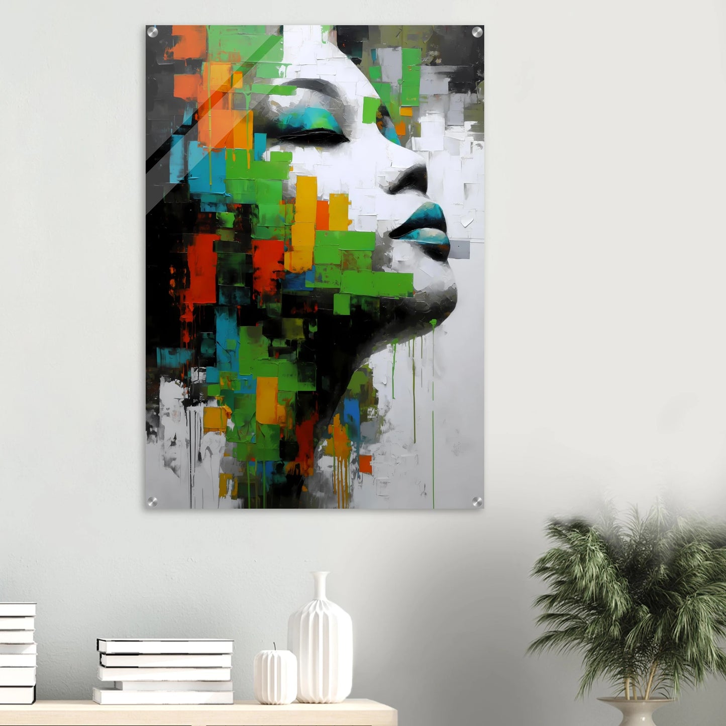 Visage en Éclats Verts — tableau plexiglas — vue 6 — art mural STNCL