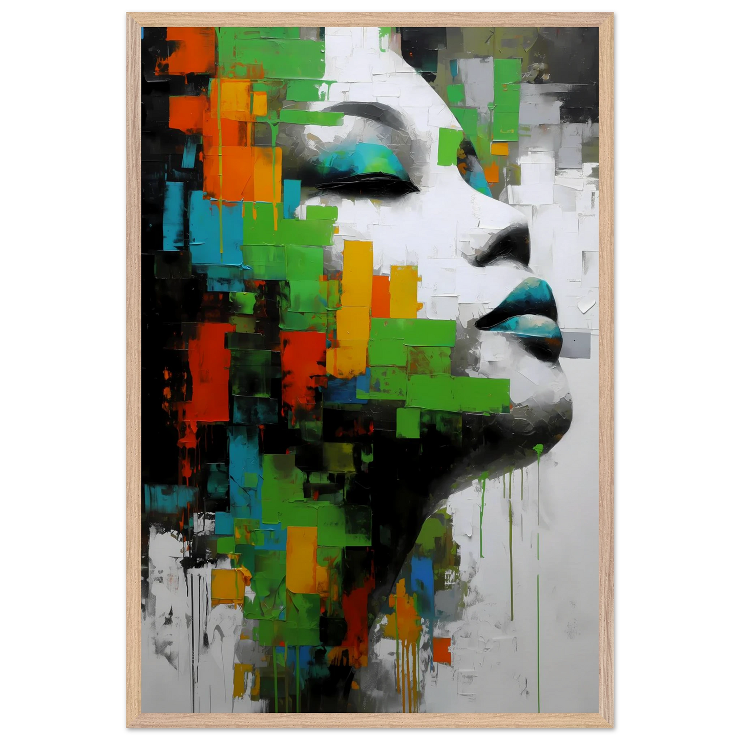Visage en Éclats Verts — tableau encadré bois — vue 14 — art mural STNCL