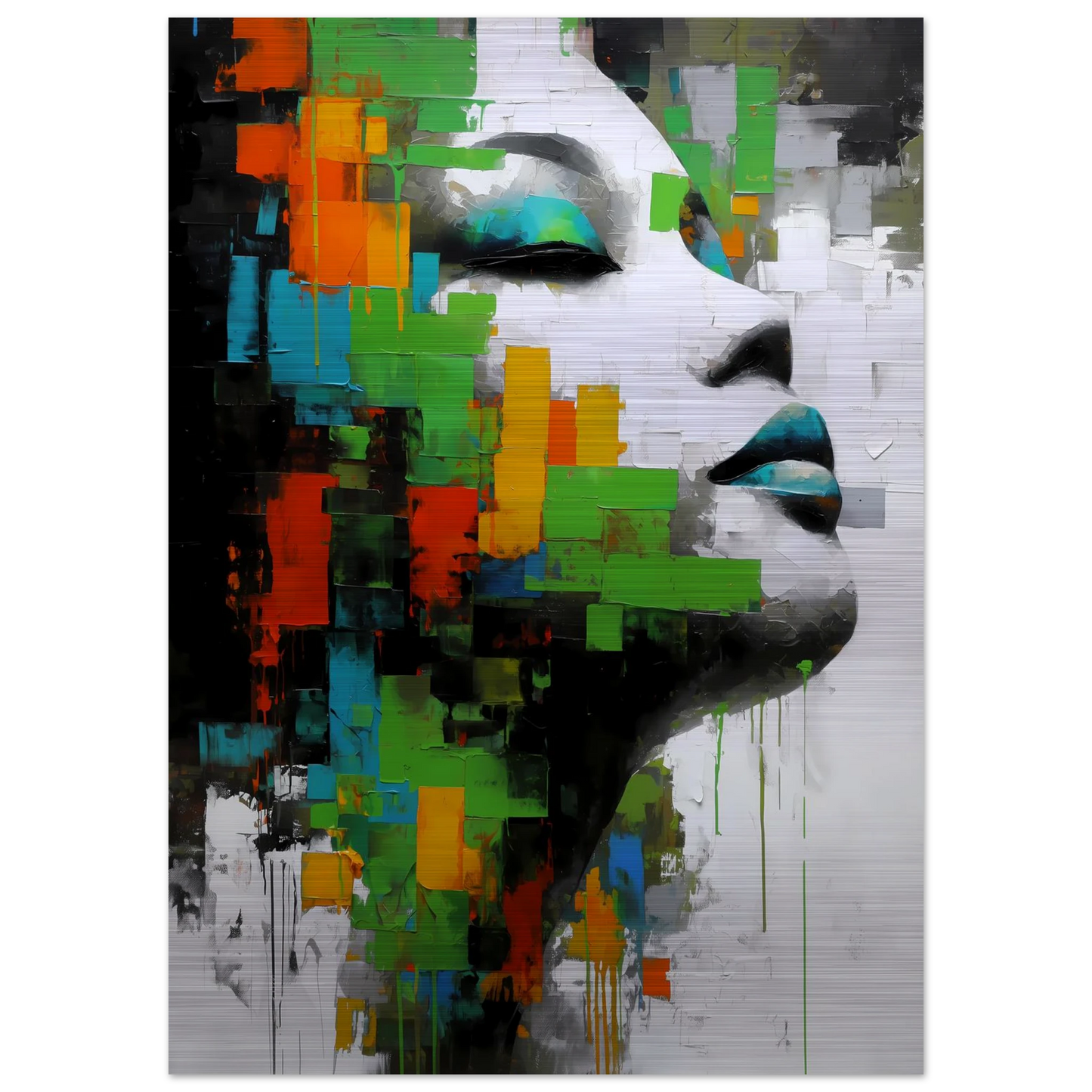Visage en Éclats Verts — tableau aluminium — vue 4 — art mural STNCL