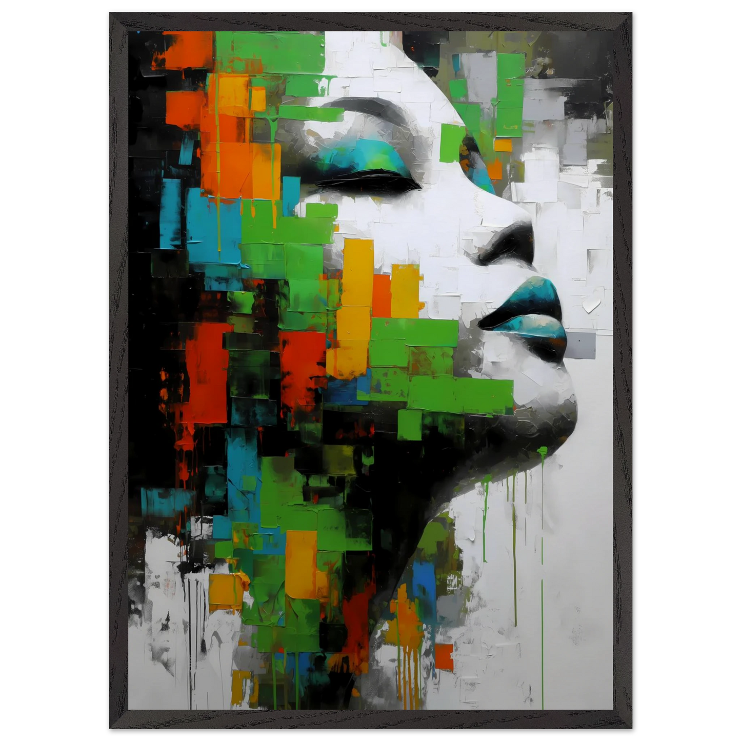 Visage en Éclats Verts — tableau encadré bois — vue 10 — art mural STNCL
