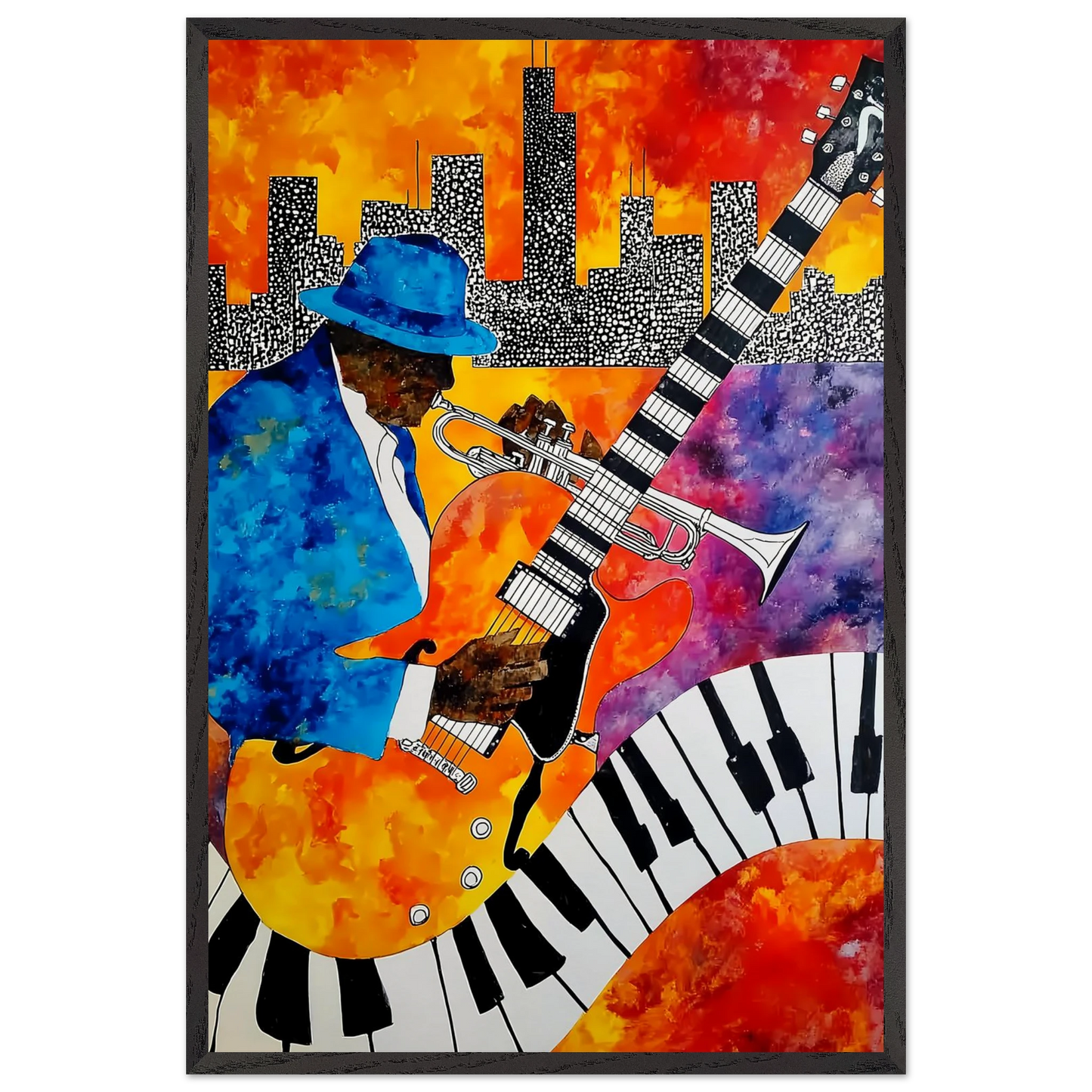 Blues en Ville — tableau encadre bois — vue 2 — art mural STNCL