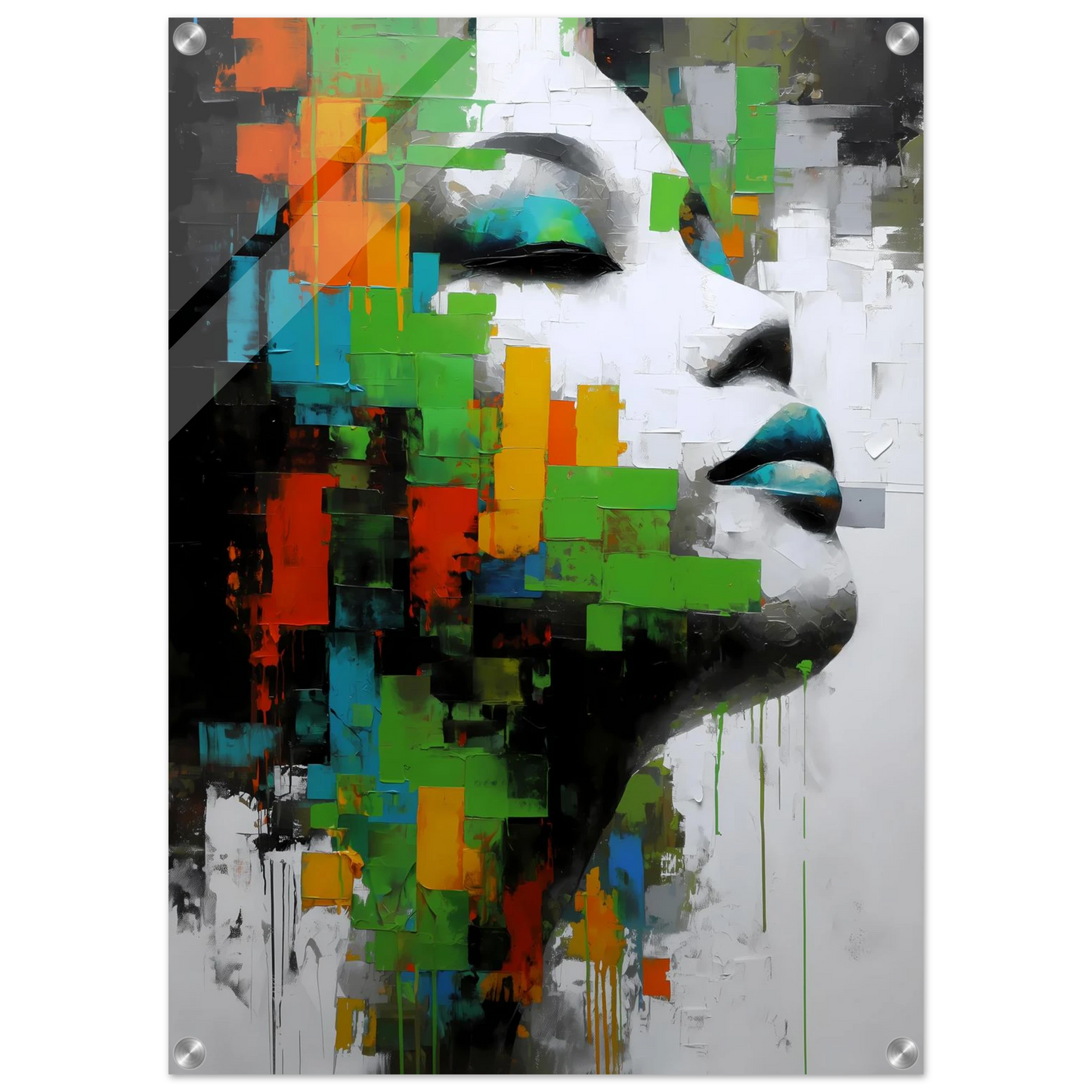 Visage en Éclats Verts — tableau plexiglas — vue 2 — art mural STNCL