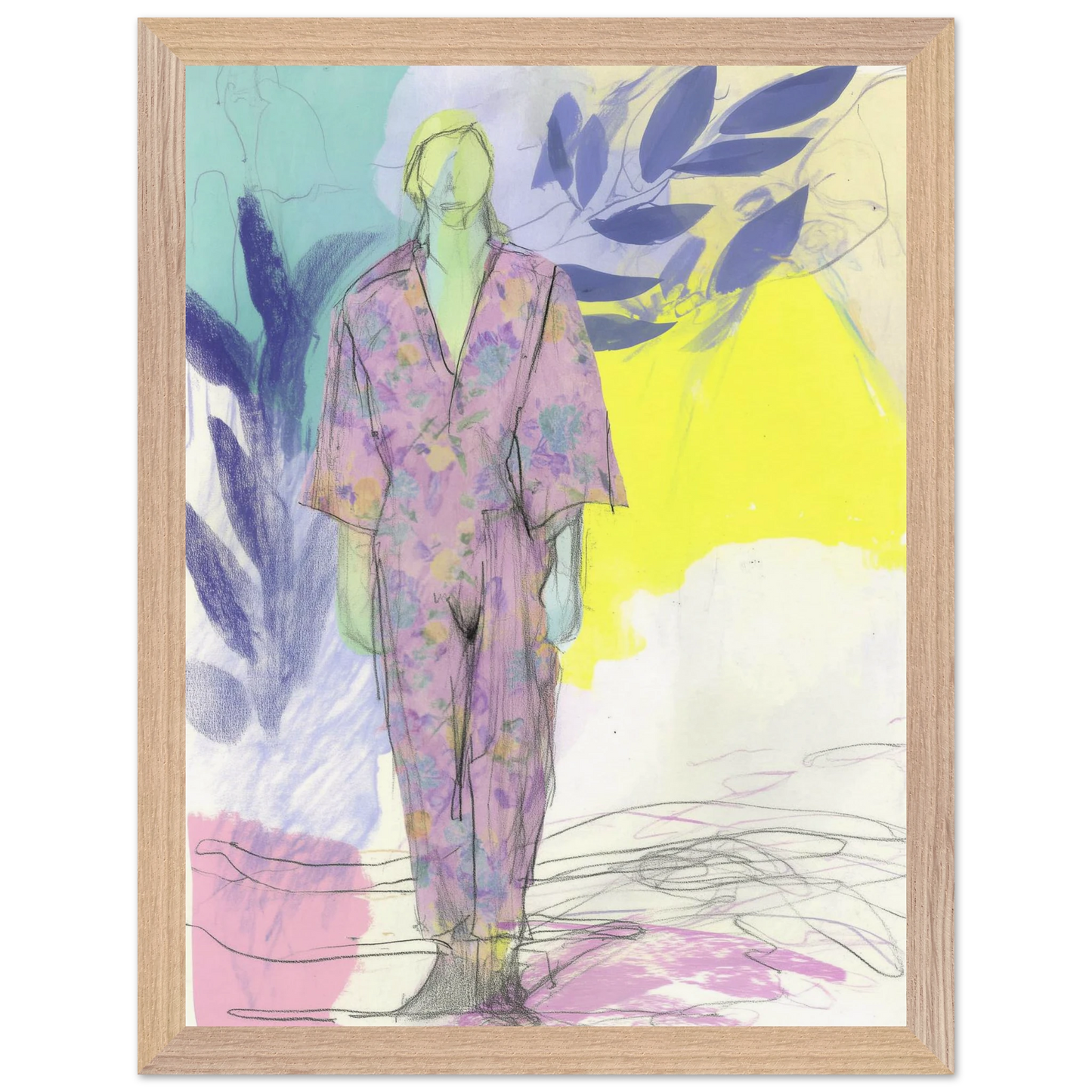 Kimono Fleuri sous les Feuilles — tableau encadré bois — vue 14 — art mural STNCL