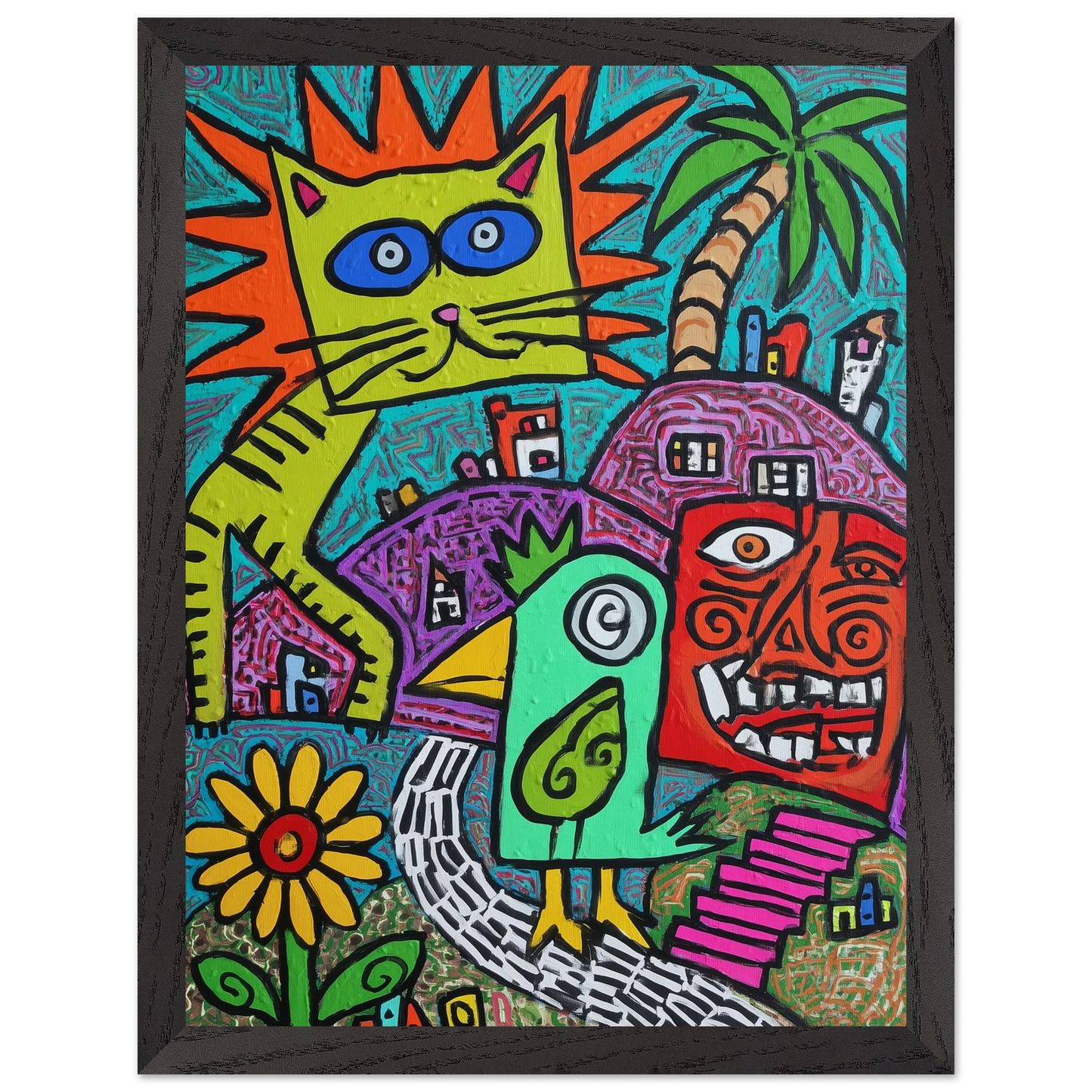 La Fête du Chat Solaire — tableau encadré bois — vue 4 — art mural STNCL