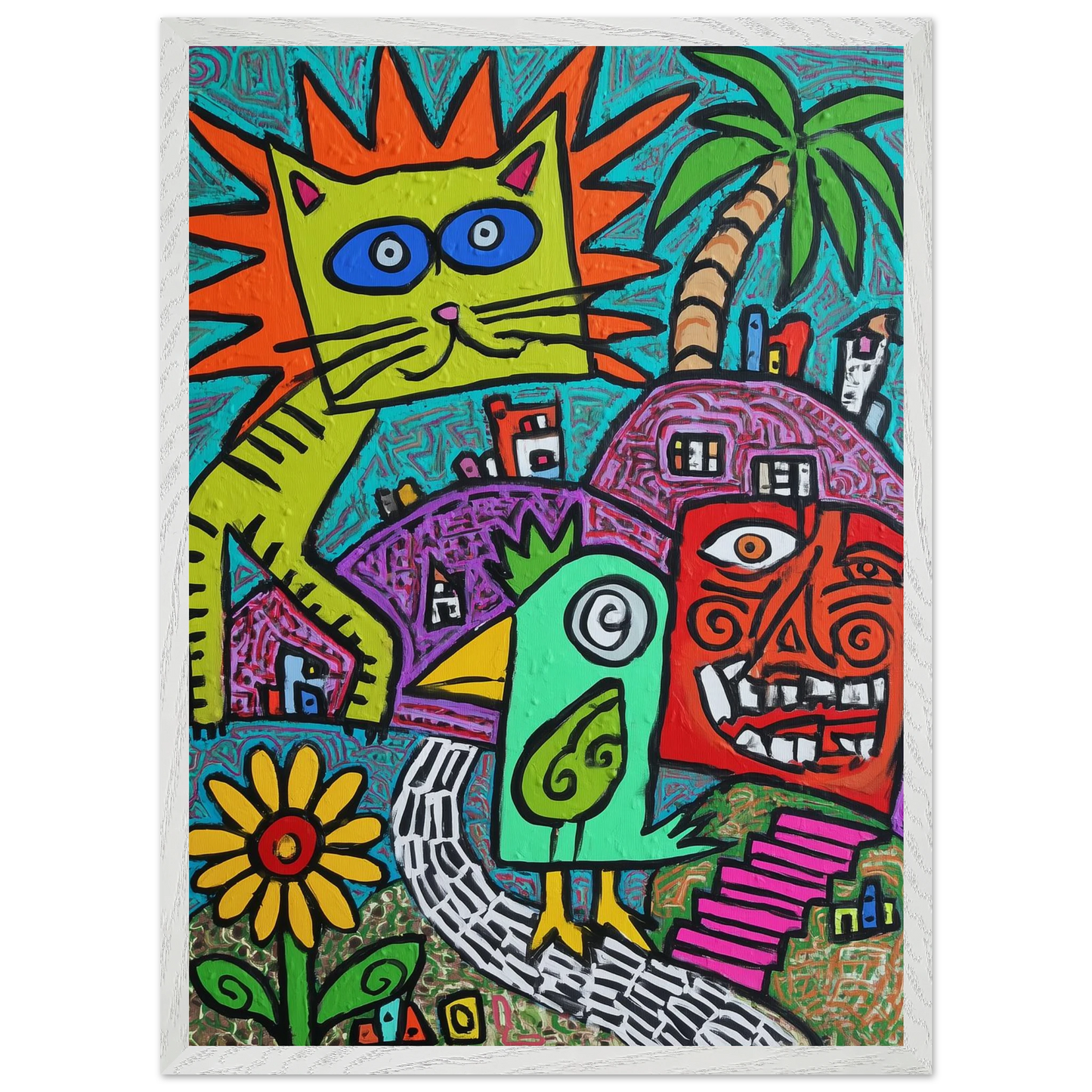 La Fête du Chat Solaire — tableau encadré bois — vue 12 — art mural STNCL