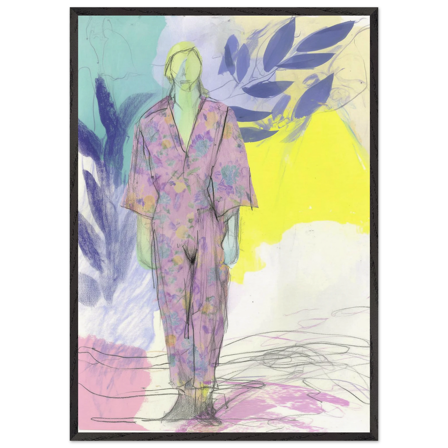 Kimono Fleuri sous les Feuilles — tableau encadré bois — art mural STNCL