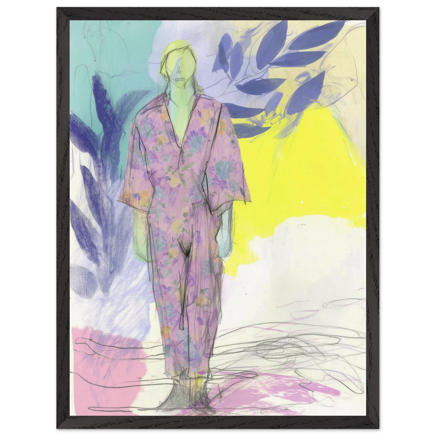 Kimono Fleuri sous les Feuilles — tableau encadré bois — vue 2 — art mural STNCL
