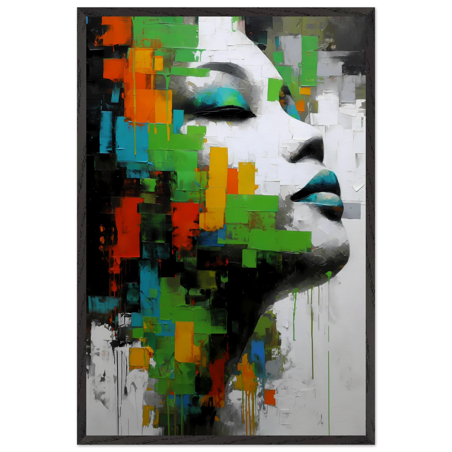 Visage en Éclats Verts — tableau encadré bois — vue 2 — art mural STNCL