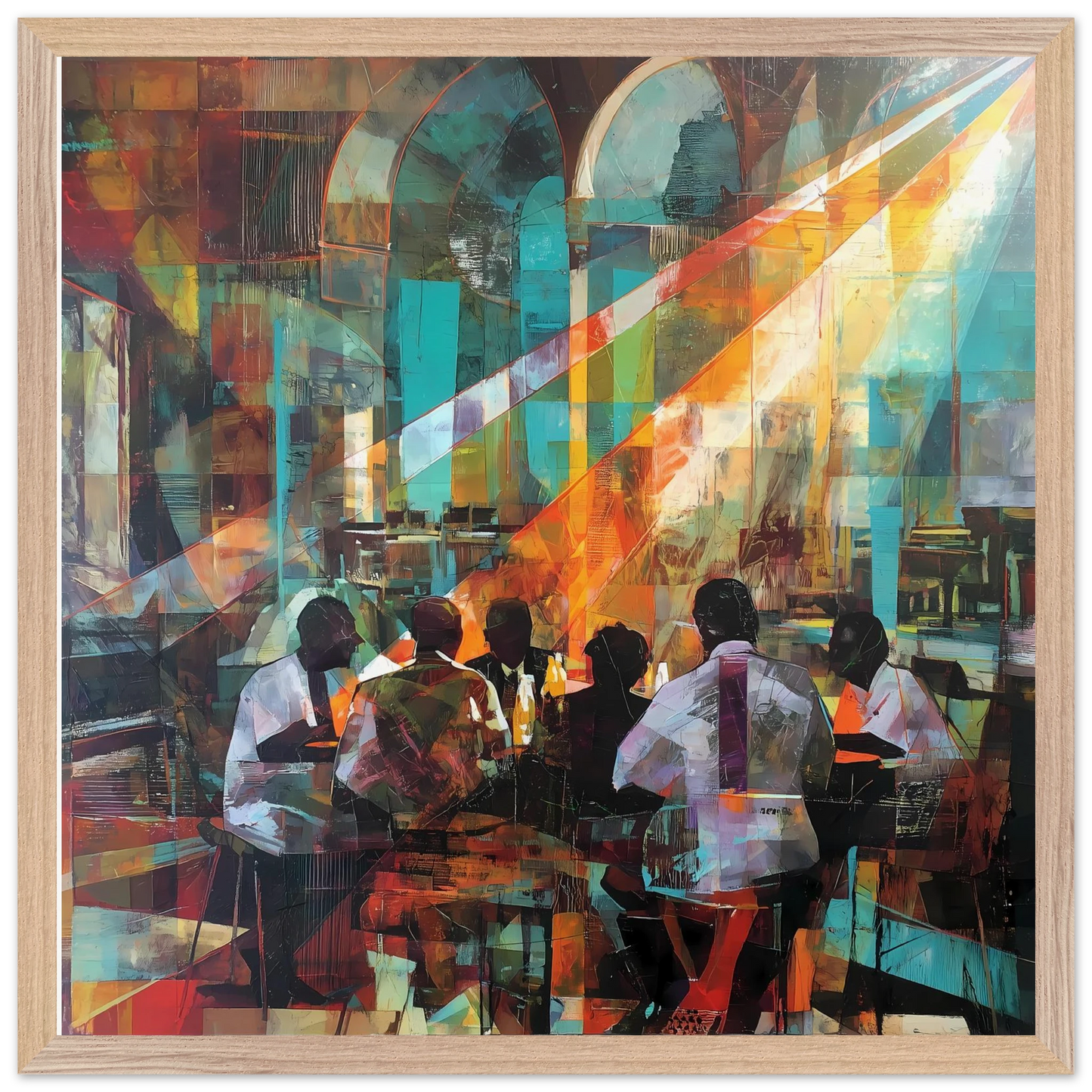 Rencontre au Café — tableau encadre bois — vue 3 — art mural STNCL