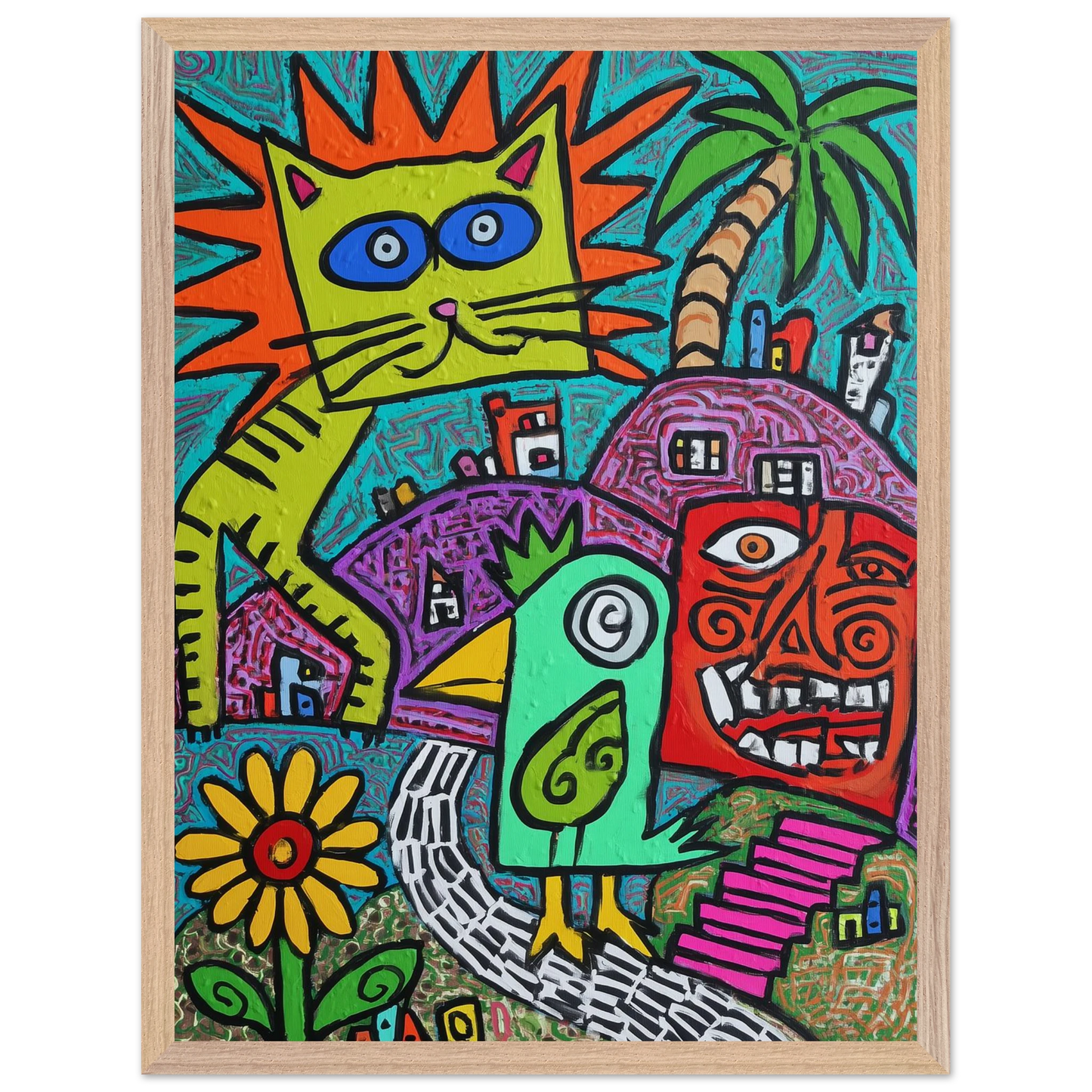 La Fête du Chat Solaire — tableau encadré bois — vue 6 — art mural STNCL