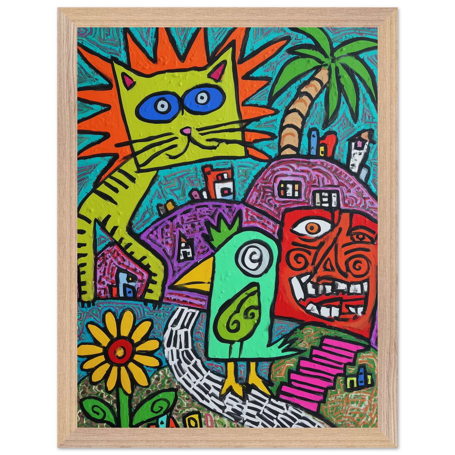 La Fête du Chat Solaire — tableau encadré bois — vue 14 — art mural STNCL