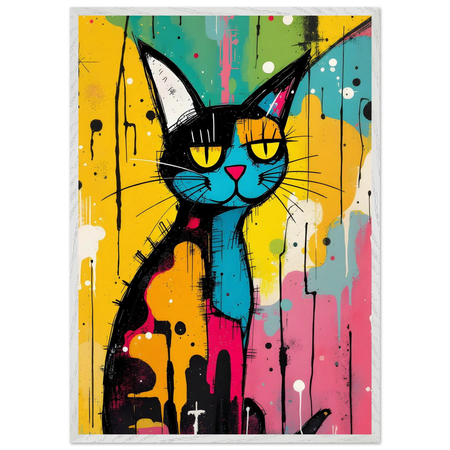 Chat Street Art Coloré — tableau encadré bois — art mural STNCL
