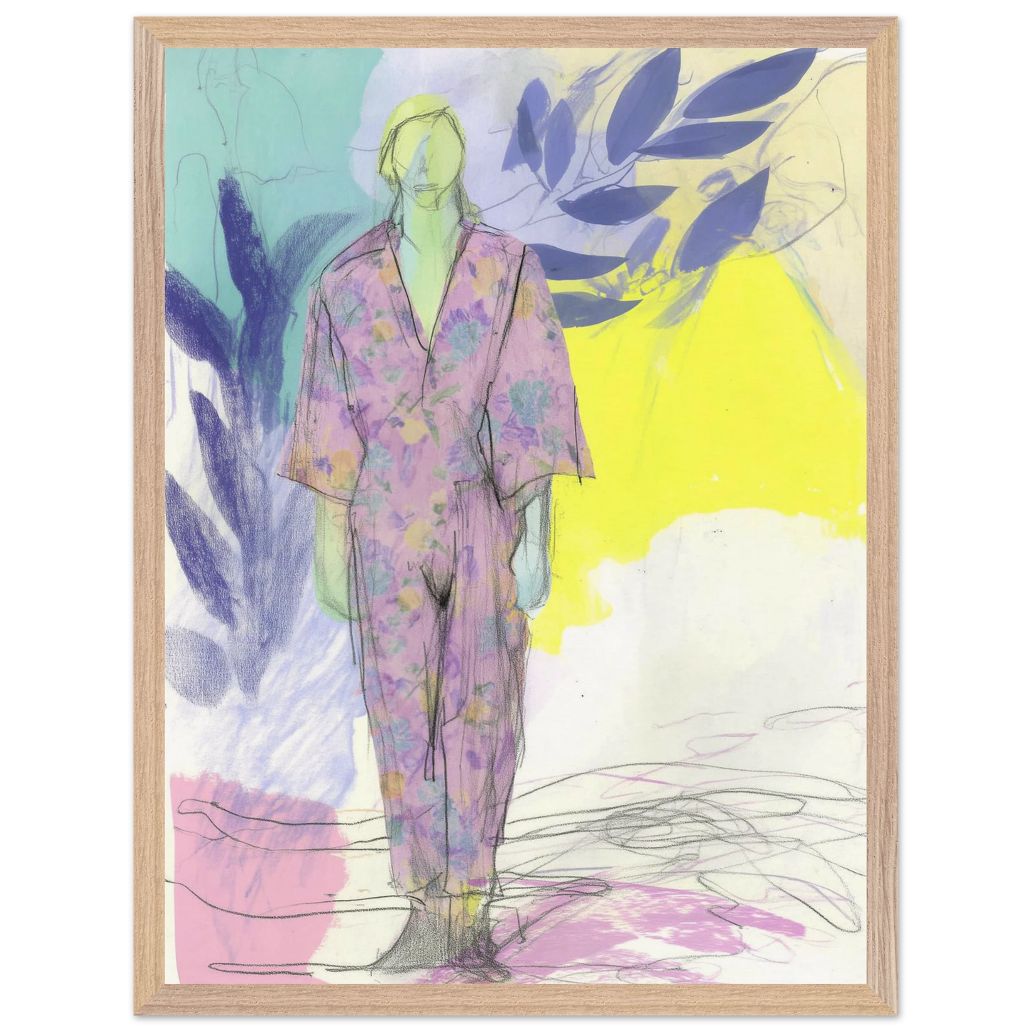 Kimono Fleuri sous les Feuilles — tableau encadré bois — vue 6 — art mural STNCL