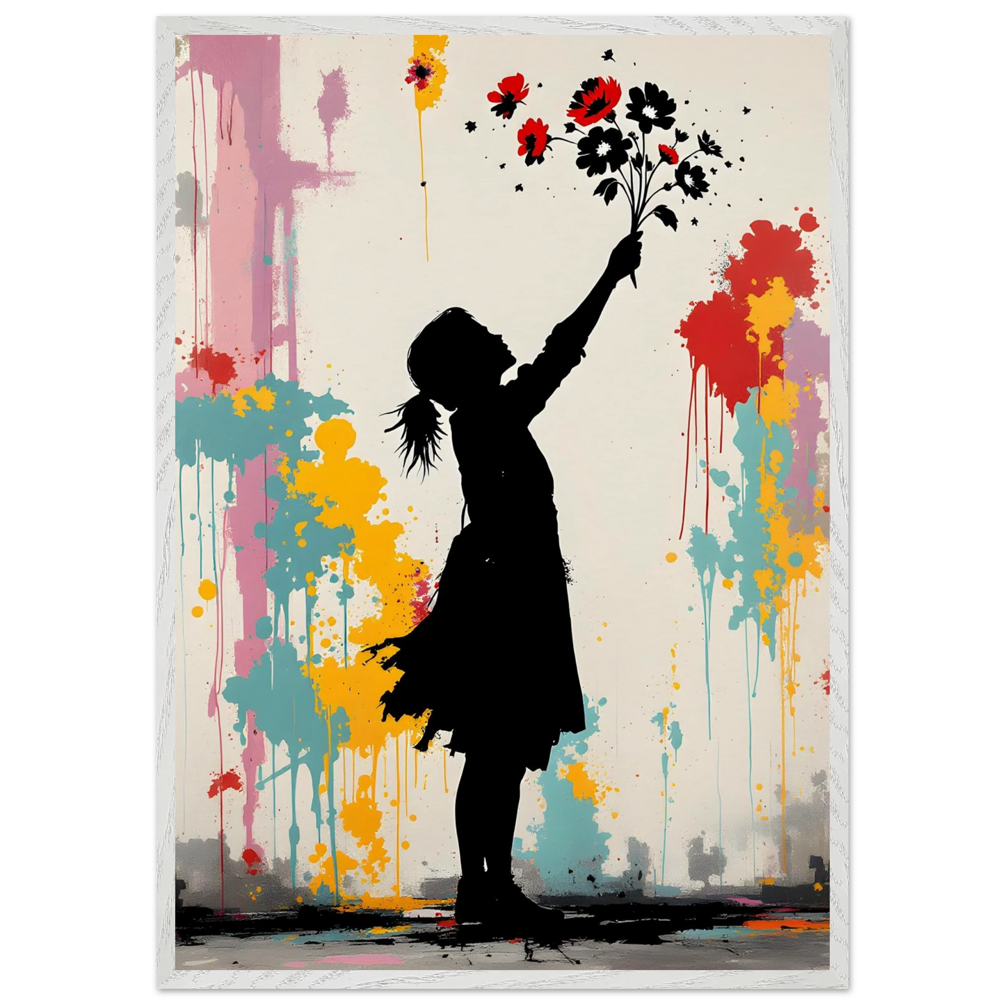 Fillette au Bouquet Coloré — tableau encadré bois — art mural STNCL