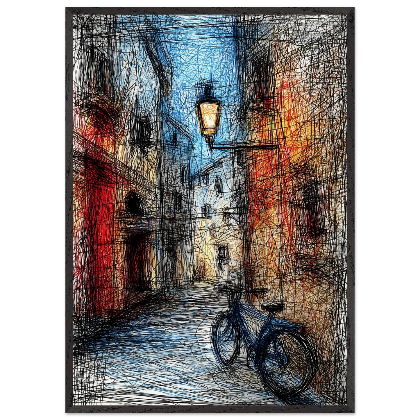 Ruelle au Lampadaire Ancien — tableau encadré bois — art mural STNCL