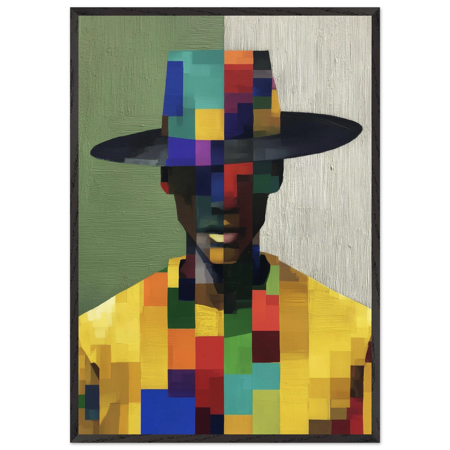 Homme au Chapeau Pixelisé — tableau encadré bois — art mural STNCL