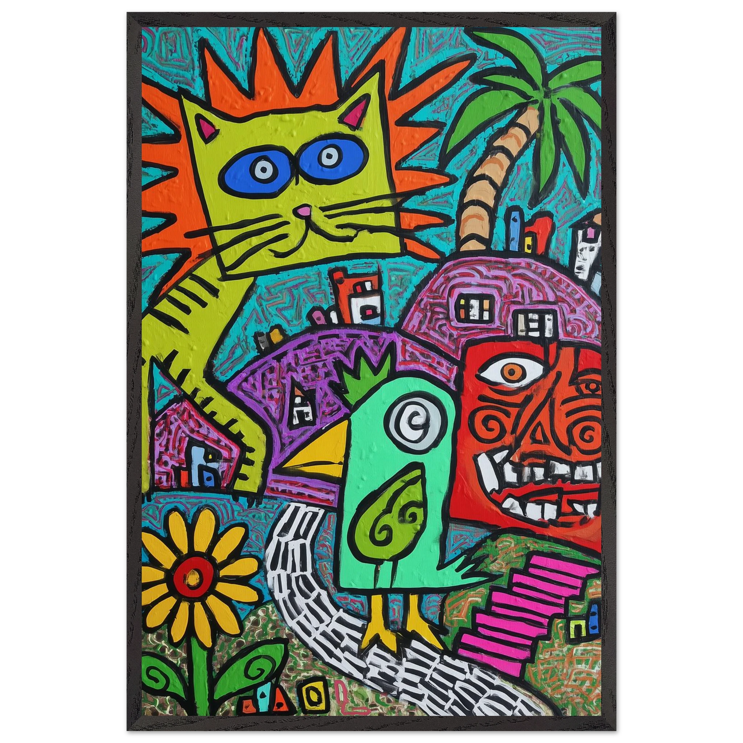 La Fête du Chat Solaire — tableau encadré bois — vue 15 — art mural STNCL