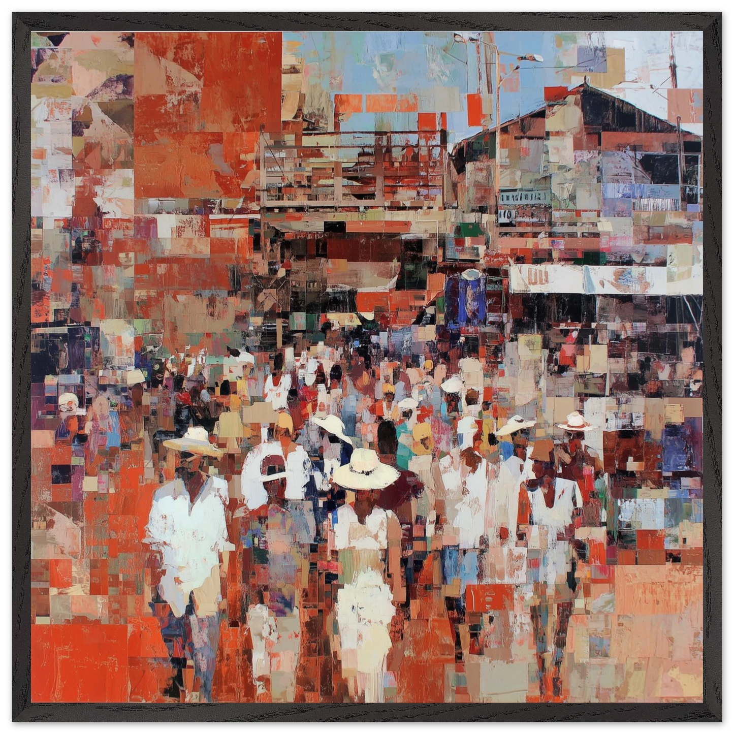 Foule en Chapeaux Blancs — tableau encadré bois — art mural STNCL