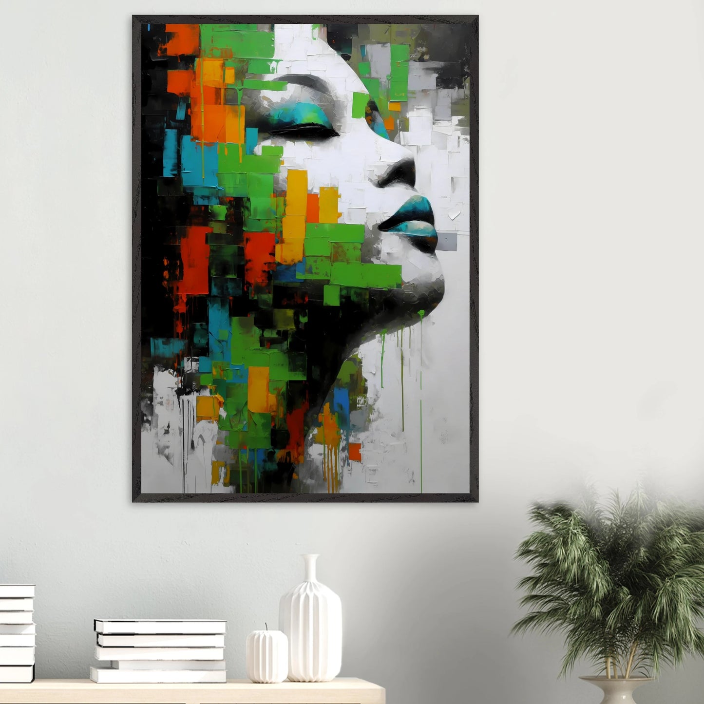 Visage en Éclats Verts — tableau encadré bois — vue 16 — art mural STNCL