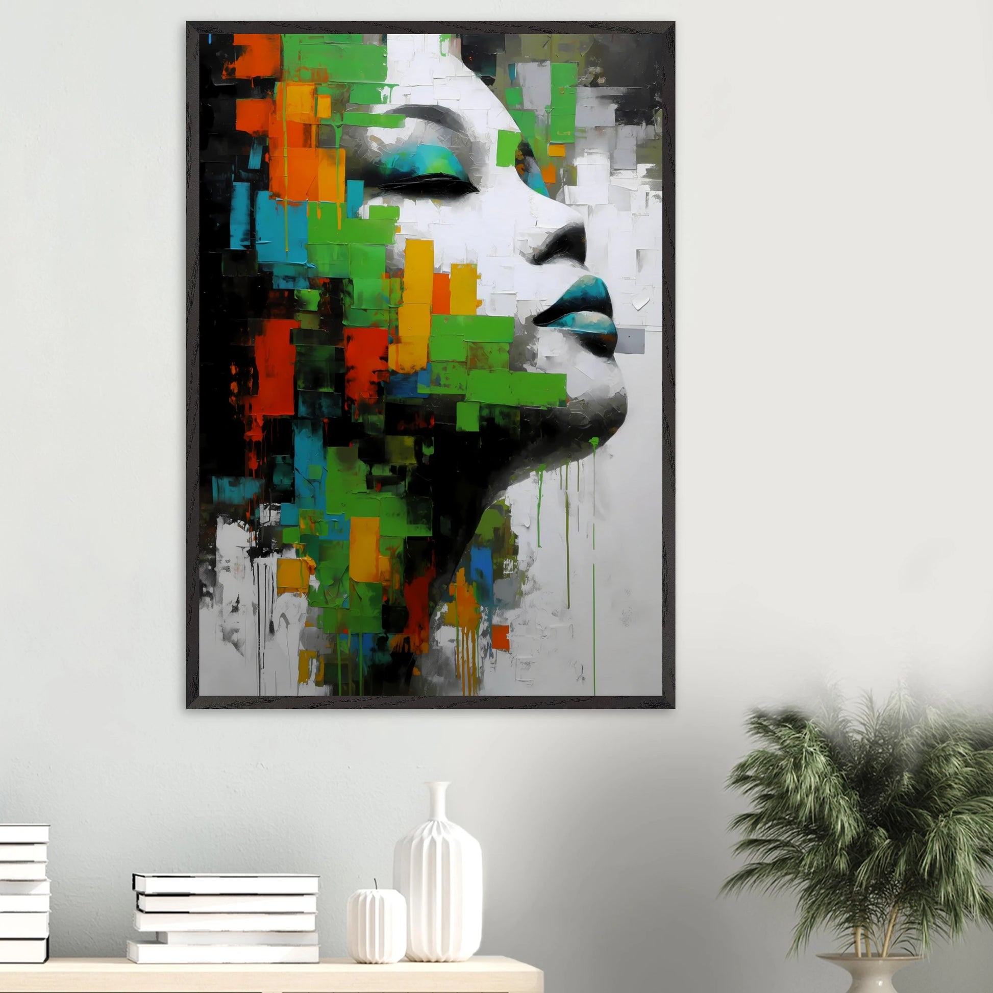 Visage en Éclats Verts — tableau encadré bois — vue 16 — art mural STNCL