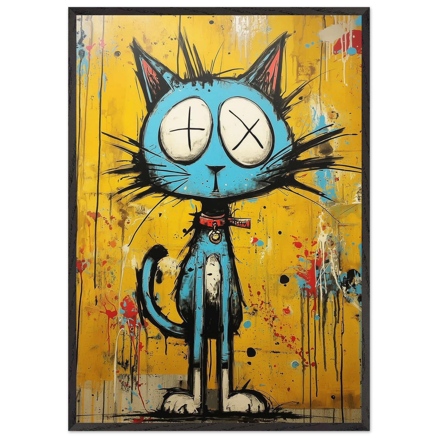 Chat Bleu aux Yeux Croix — tableau encadré bois — art mural STNCL