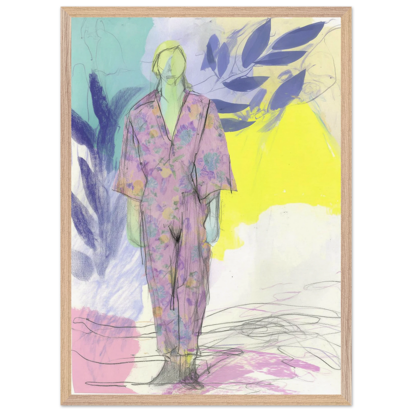 Kimono Fleuri sous les Feuilles — tableau encadré bois — vue 13 — art mural STNCL
