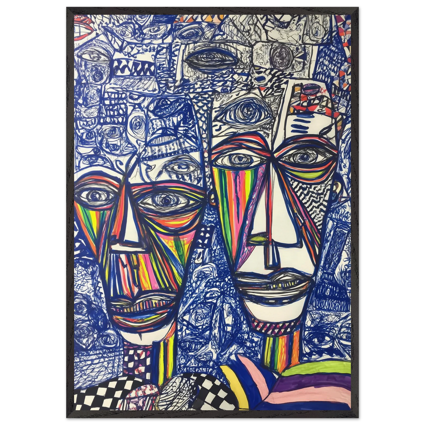 Deux Visages au Feutre — tableau encadré bois — art mural STNCL